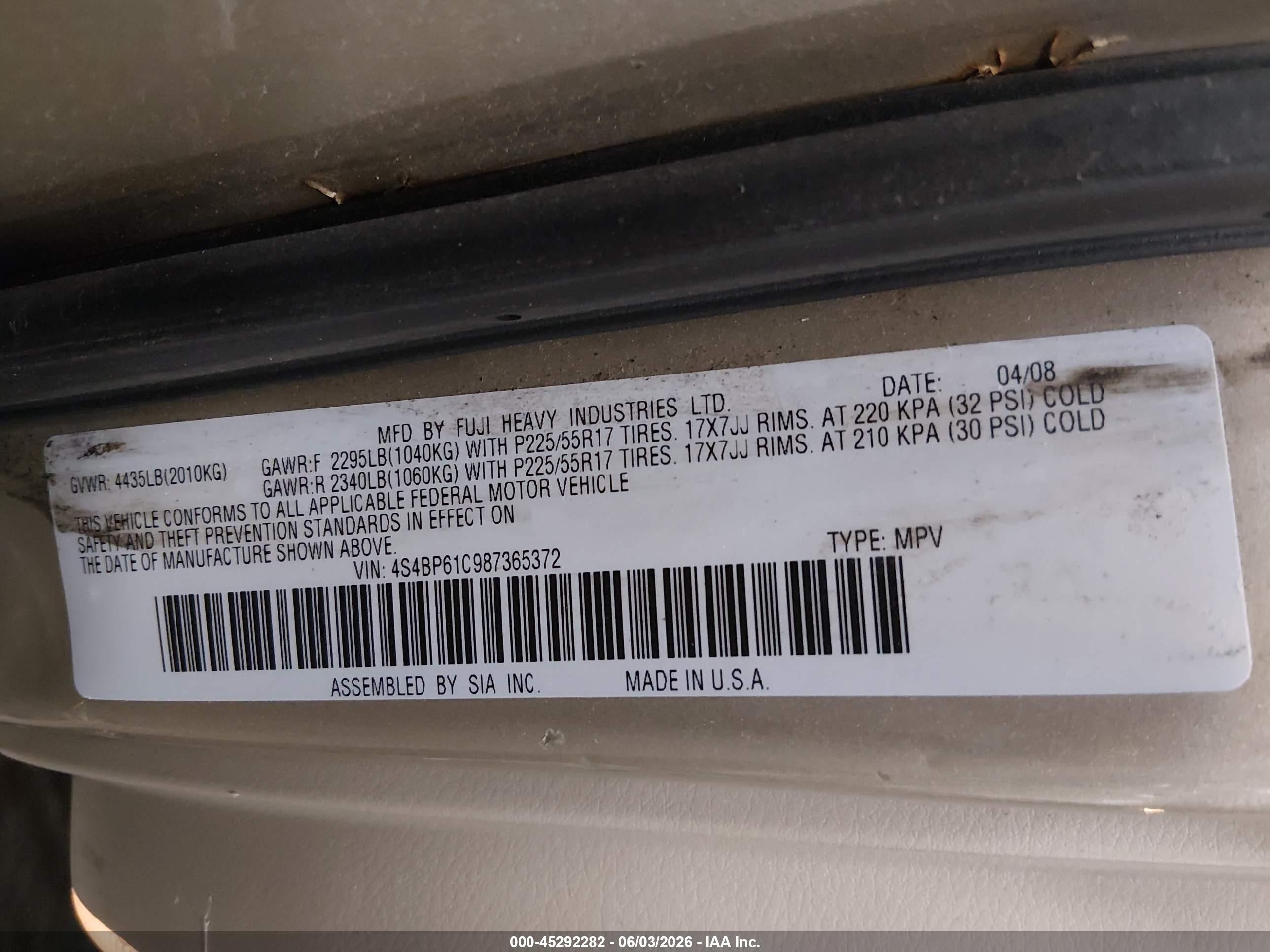 2008 Subaru Outback 2.5i/2.5i L.l. Bean Edition Tan vin: 4S4BP61C987365372