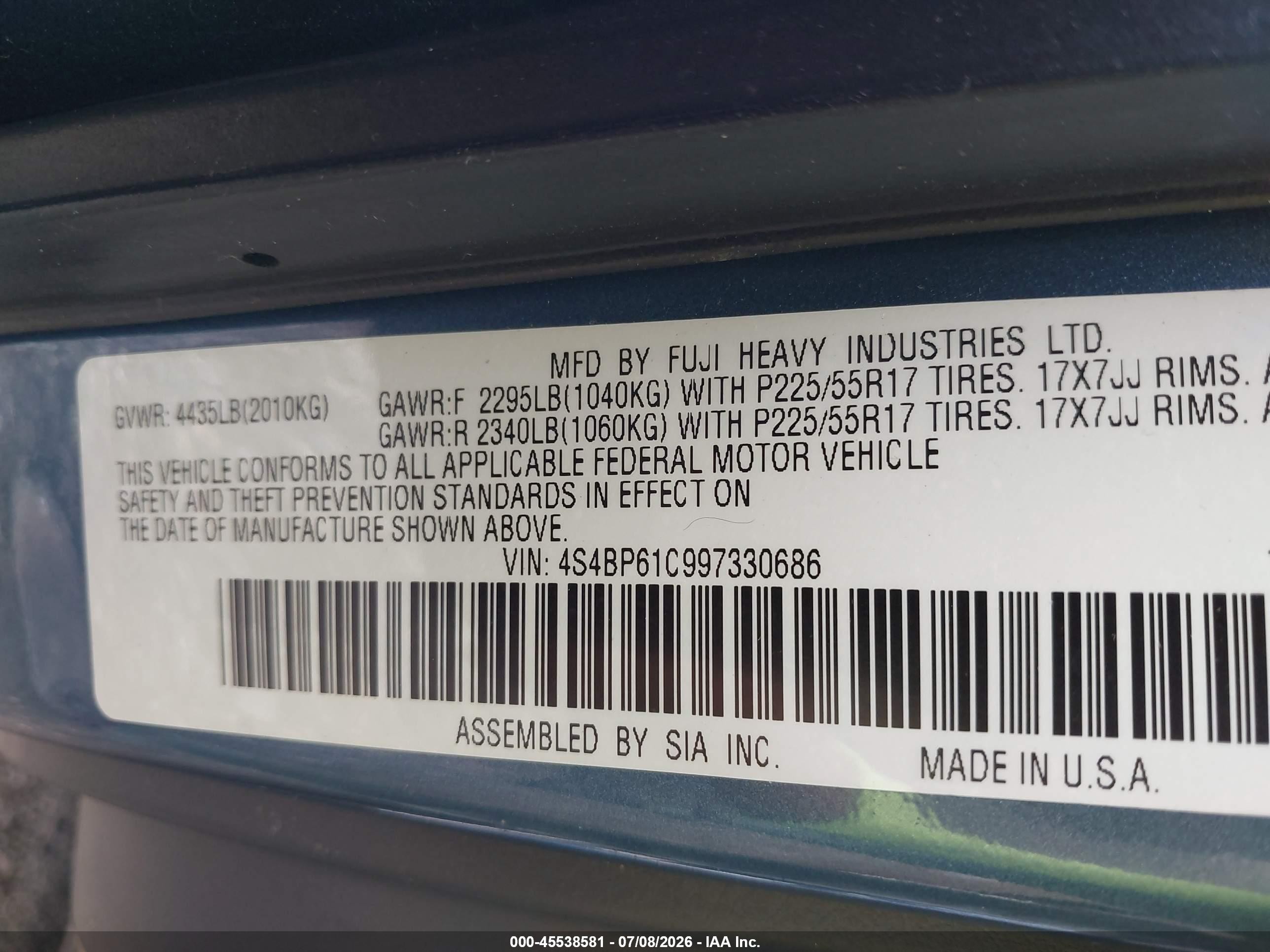 2009 Subaru Outback 2.5i Blue vin: 4S4BP61C997330686