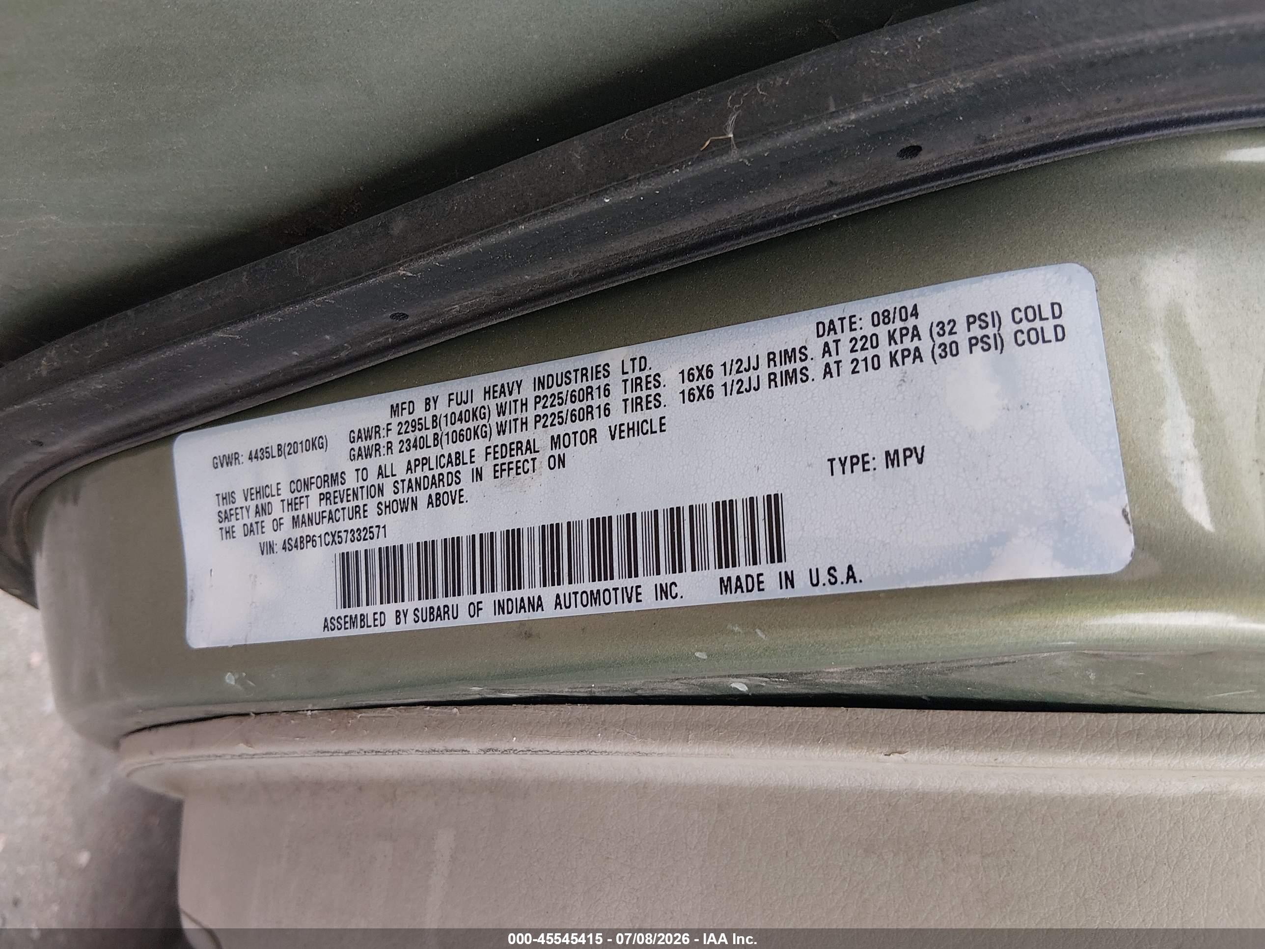 2005 Subaru Outback 2.5i Green vin: 4S4BP61CX57332571