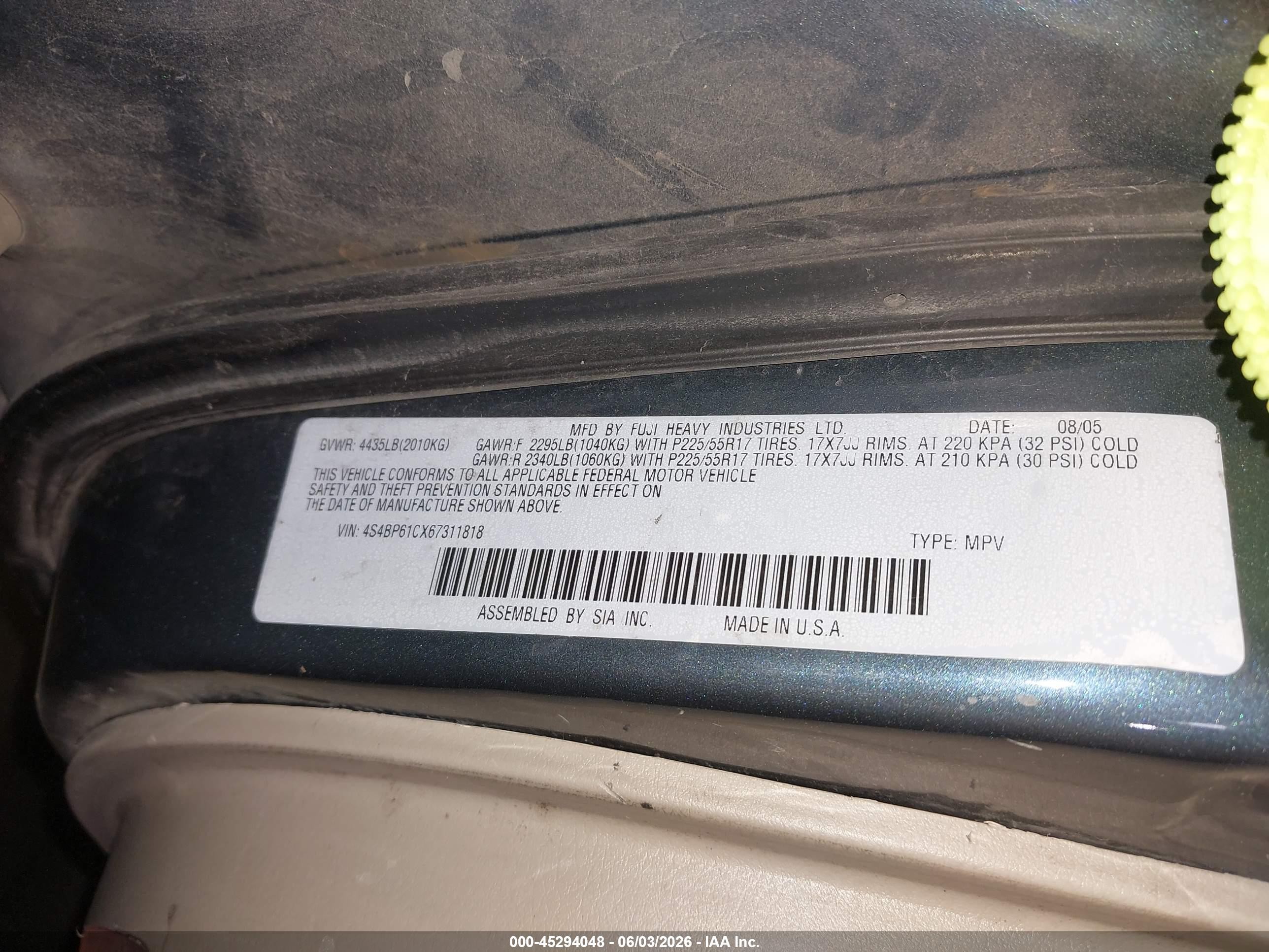 2006 Subaru Outback 2.5i Blue vin: 4S4BP61CX67311818