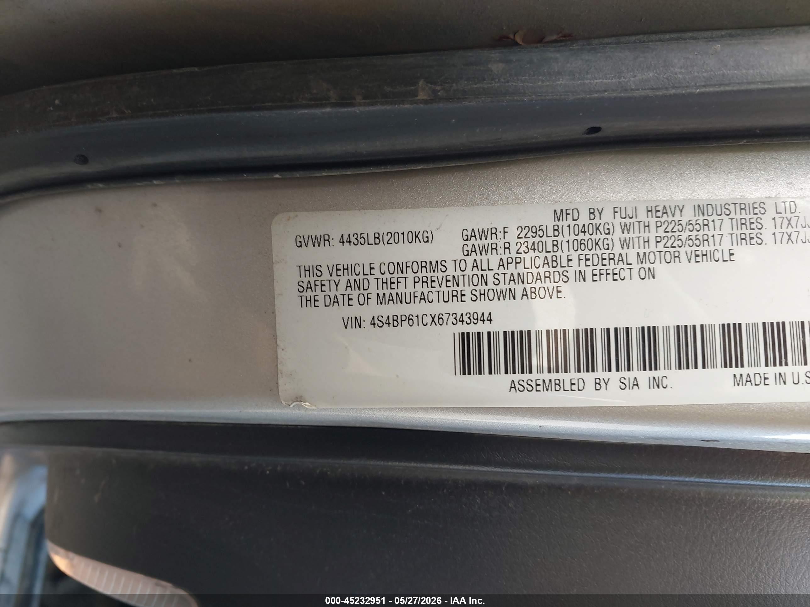 2006 Subaru Outback 2.5i Серый vin: 4S4BP61CX67343944