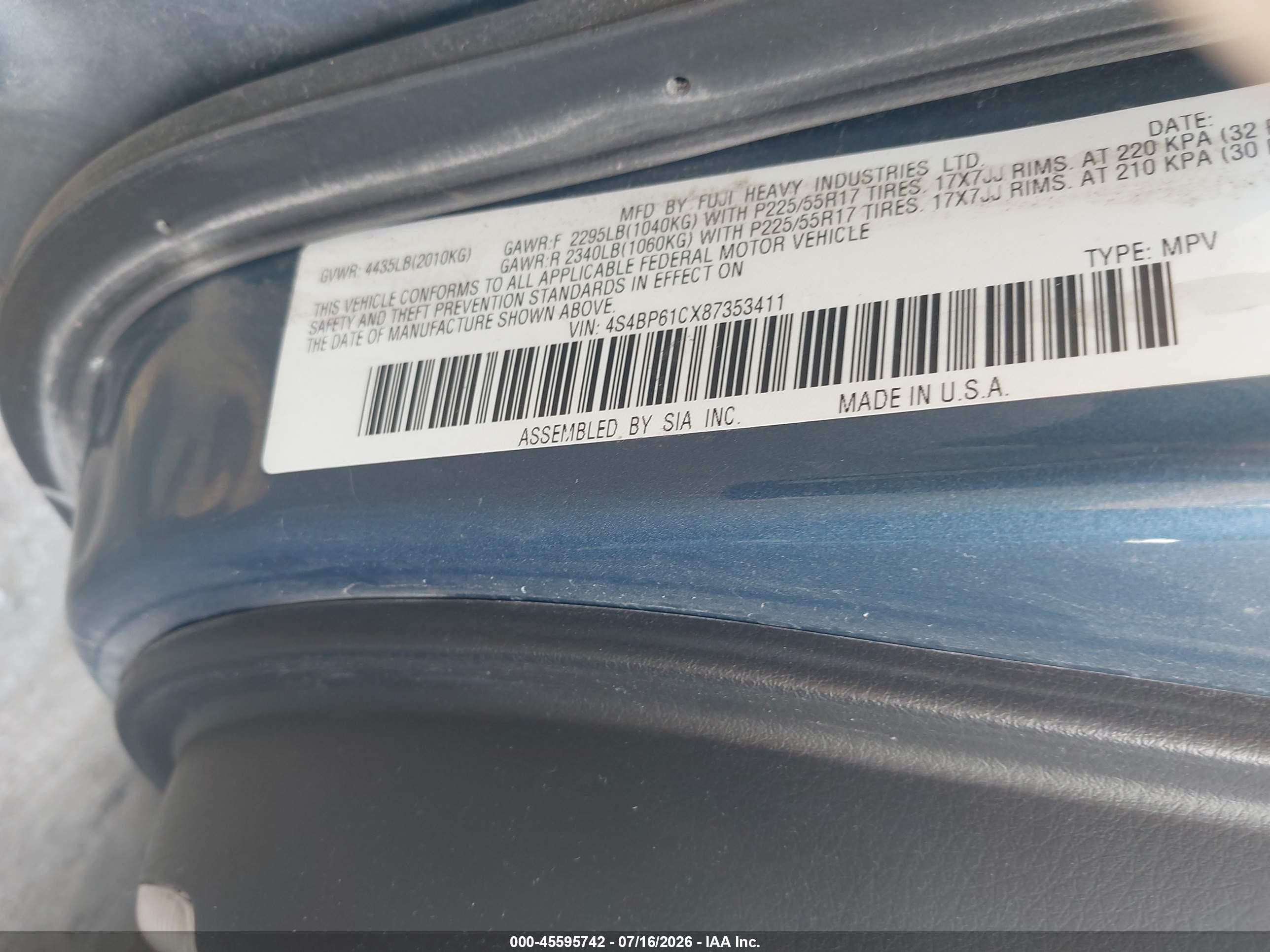 2008 Subaru Outback (natl) I/ll Bean W/nav/ll Bean W/nav/vdc Blue vin: 4S4BP61CX87353411
