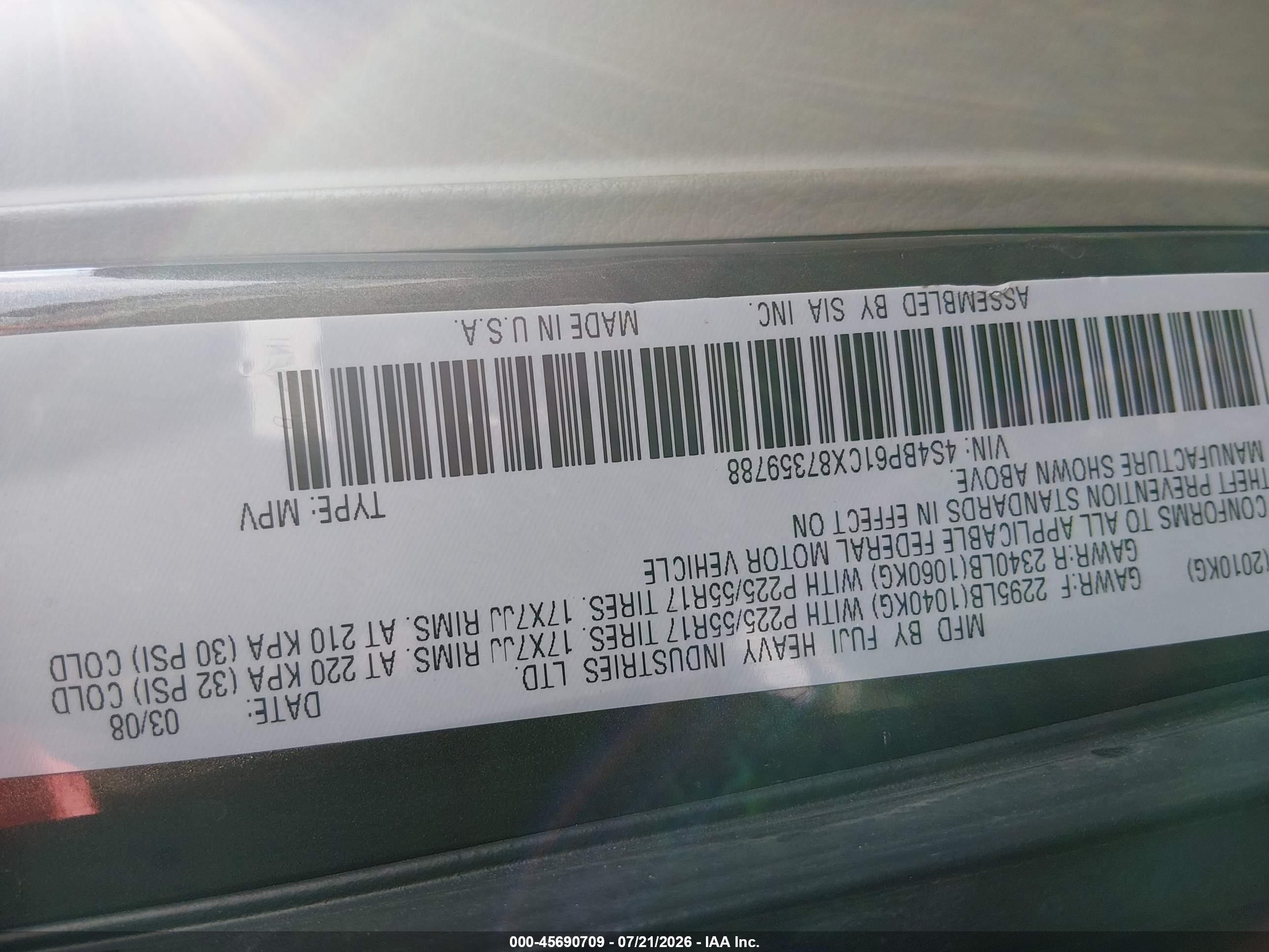 2008 Subaru Outback (natl) I/ll Bean W/nav/ll Bean W/nav/vdc Black vin: 4S4BP61CX87359788