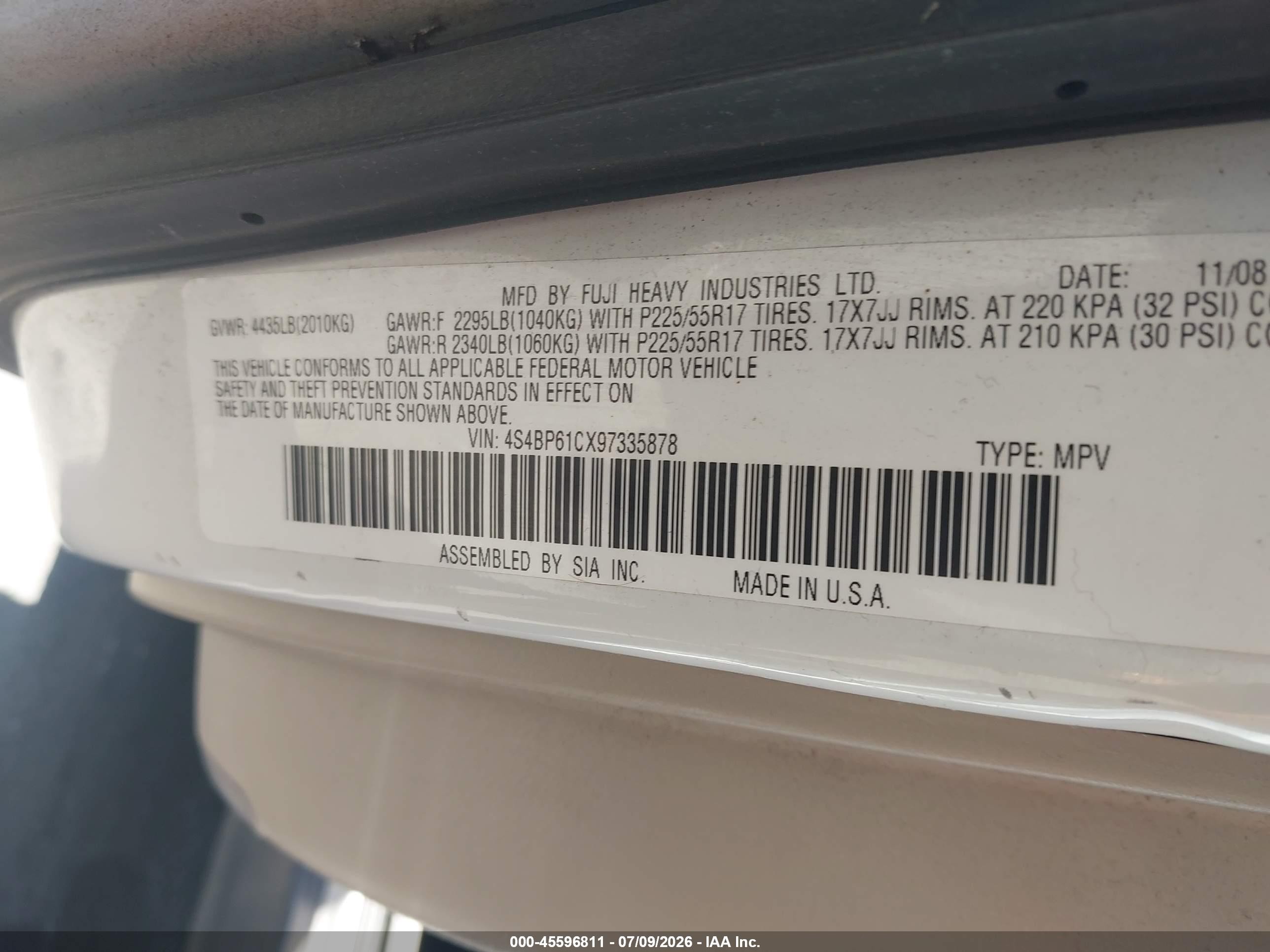 2009 Subaru Outback 2.5i White vin: 4S4BP61CX97335878