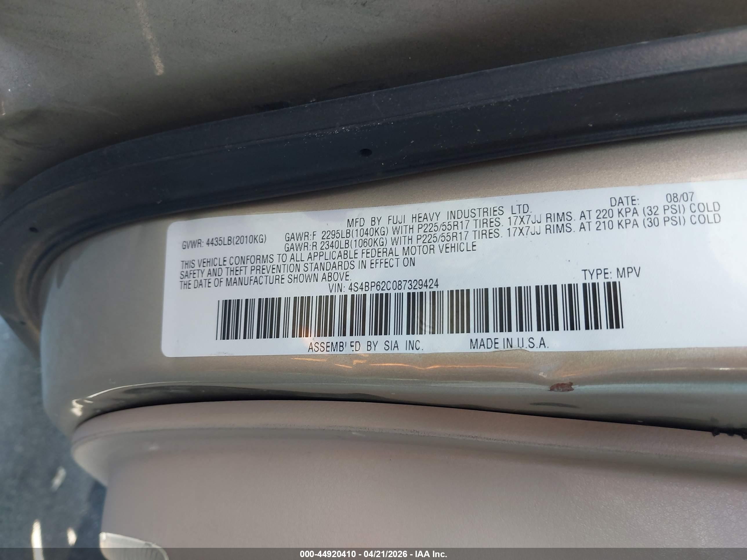 2008 Subaru Outback 2.5i Limited/2.5i Limited L.l. Bean Edition Gold vin: 4S4BP62C087329424