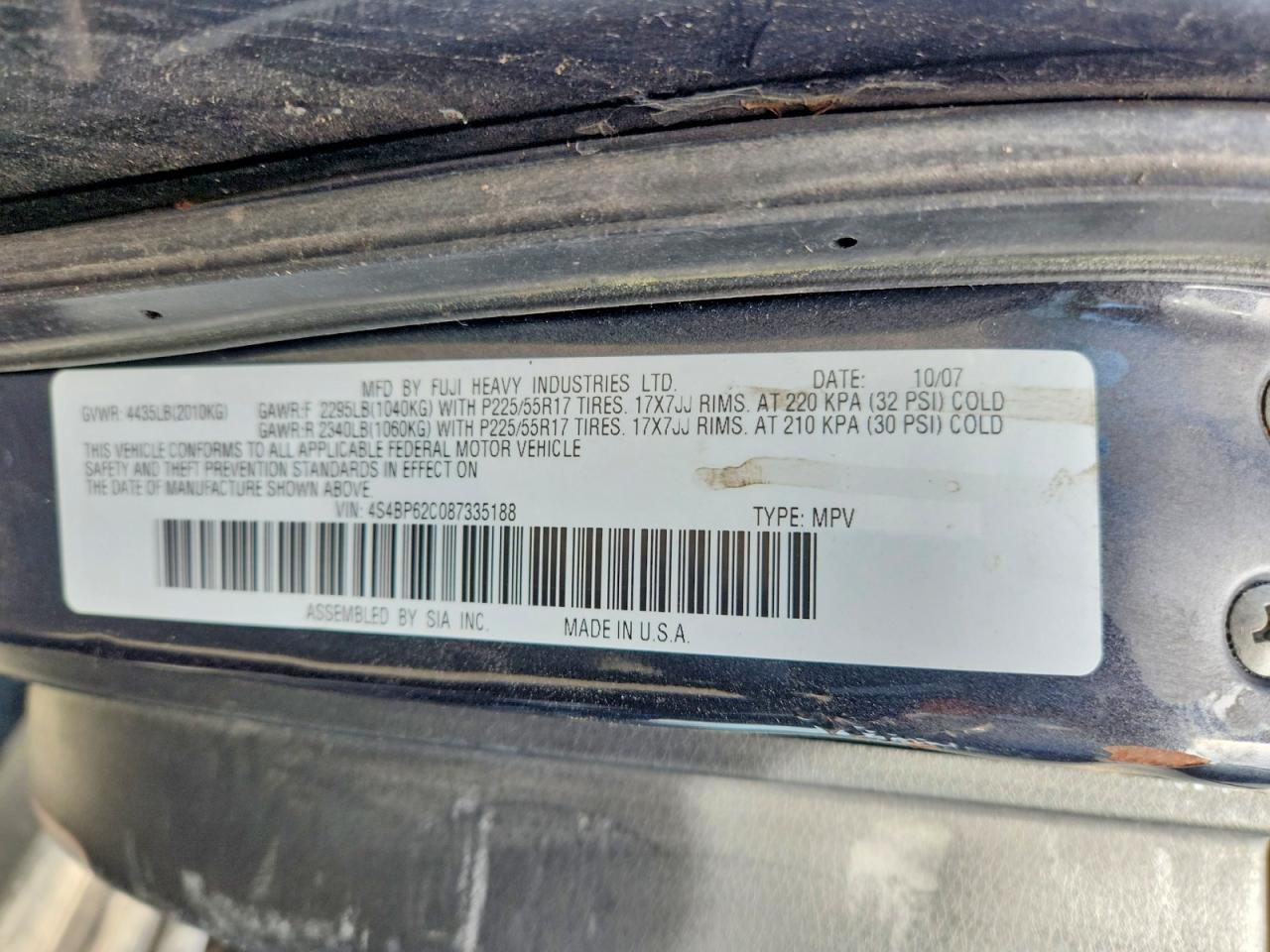 2008 Subaru Outback 2.5i Limited Charcoal vin: 4S4BP62C087335188