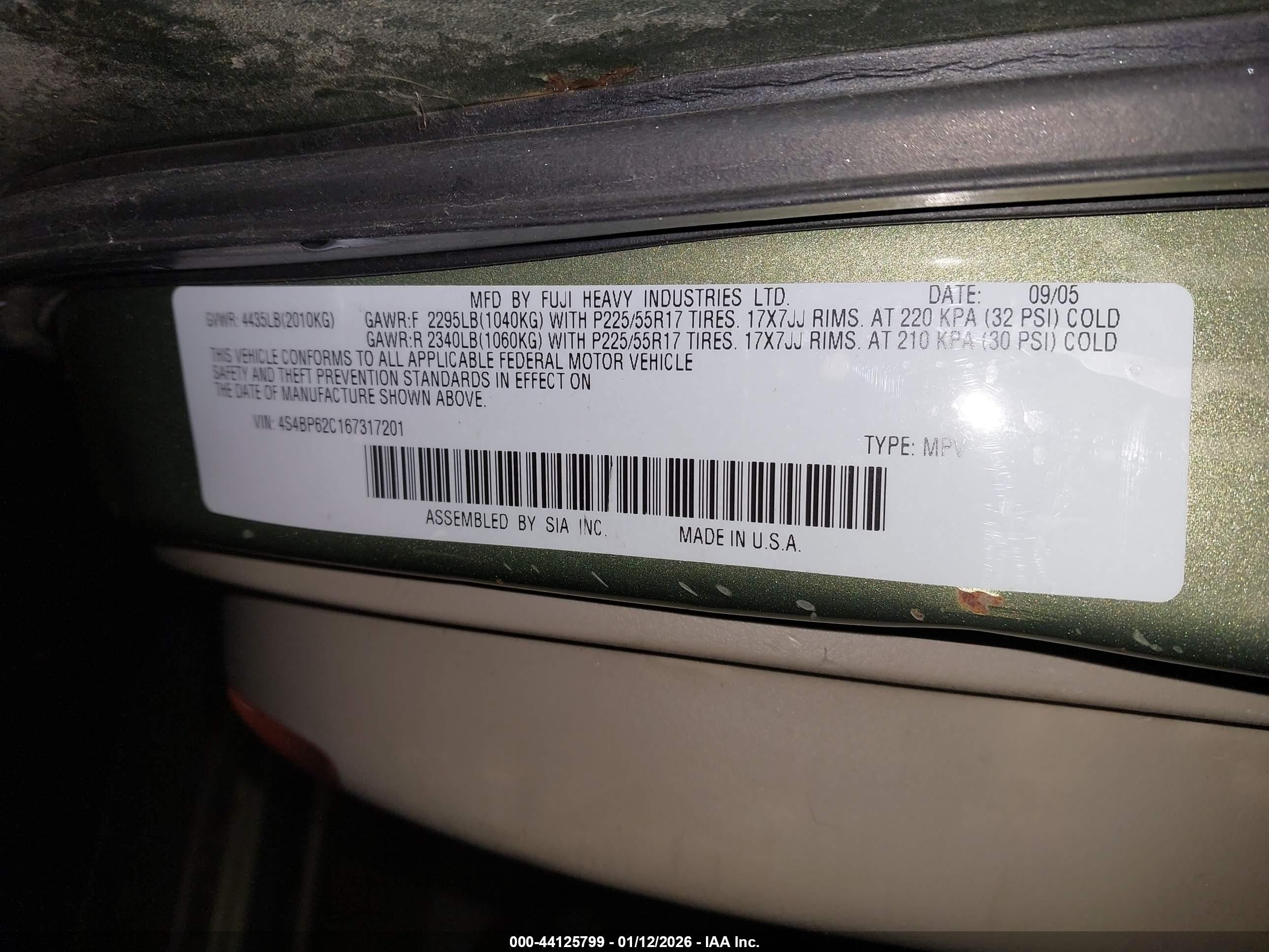 2006 Subaru Outback 2.5i Limited Green vin: 4S4BP62C167317201