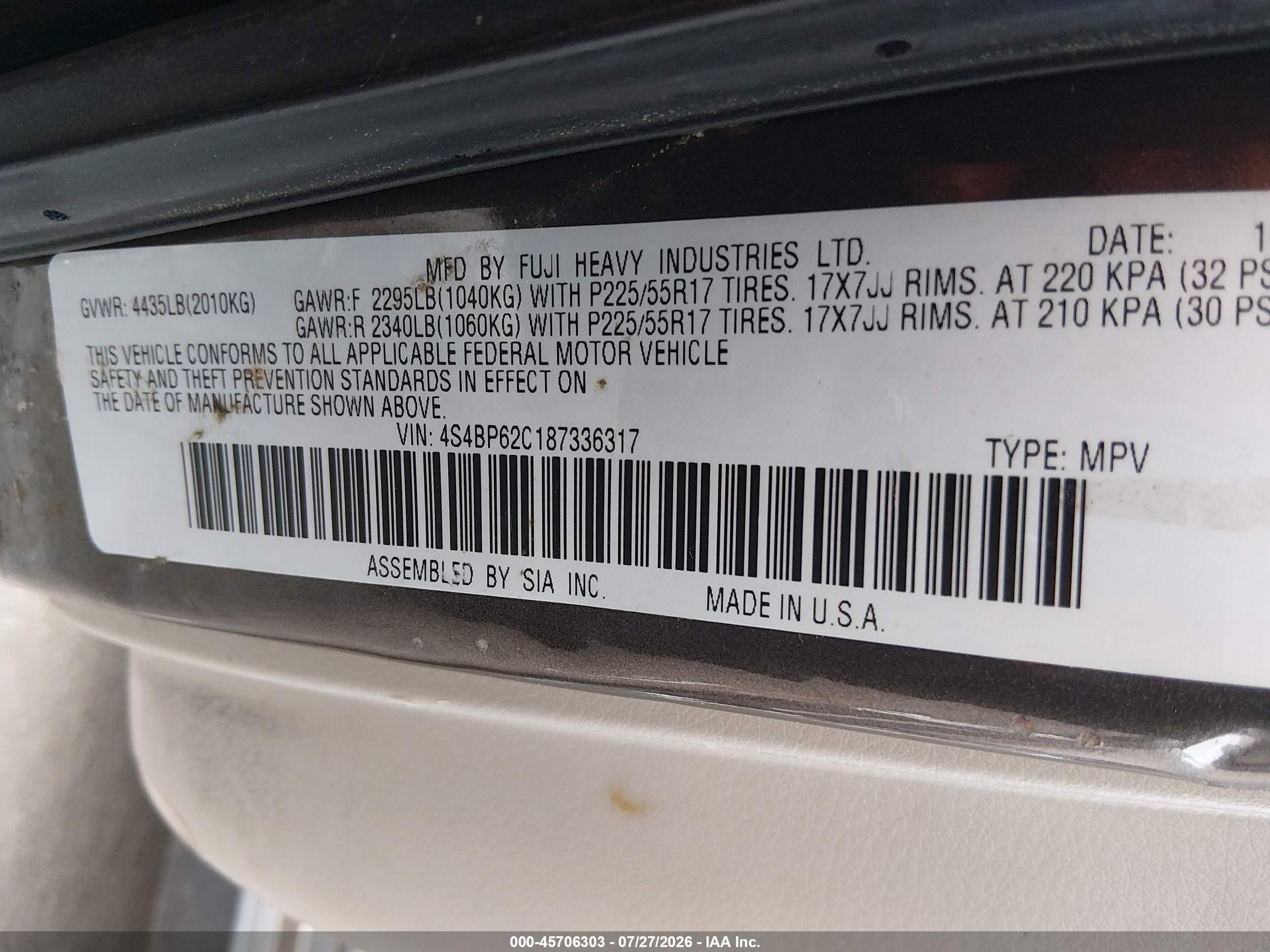 2008 Subaru Outback 2.5i Limited/2.5i Limited L.l. Bean Edition Gray vin: 4S4BP62C187336317