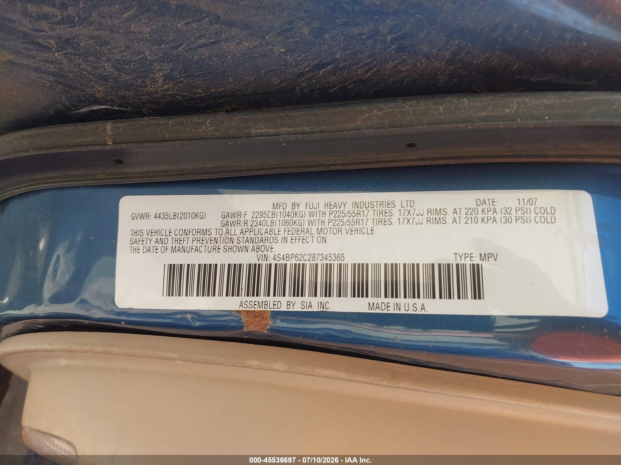 2008 Subaru Outback (natl) Ltd/ltd Ll Bean W/nav/ltd Ll Bean W/nav/vdc/ltd W/vdc Blue vin: 4S4BP62C287345365