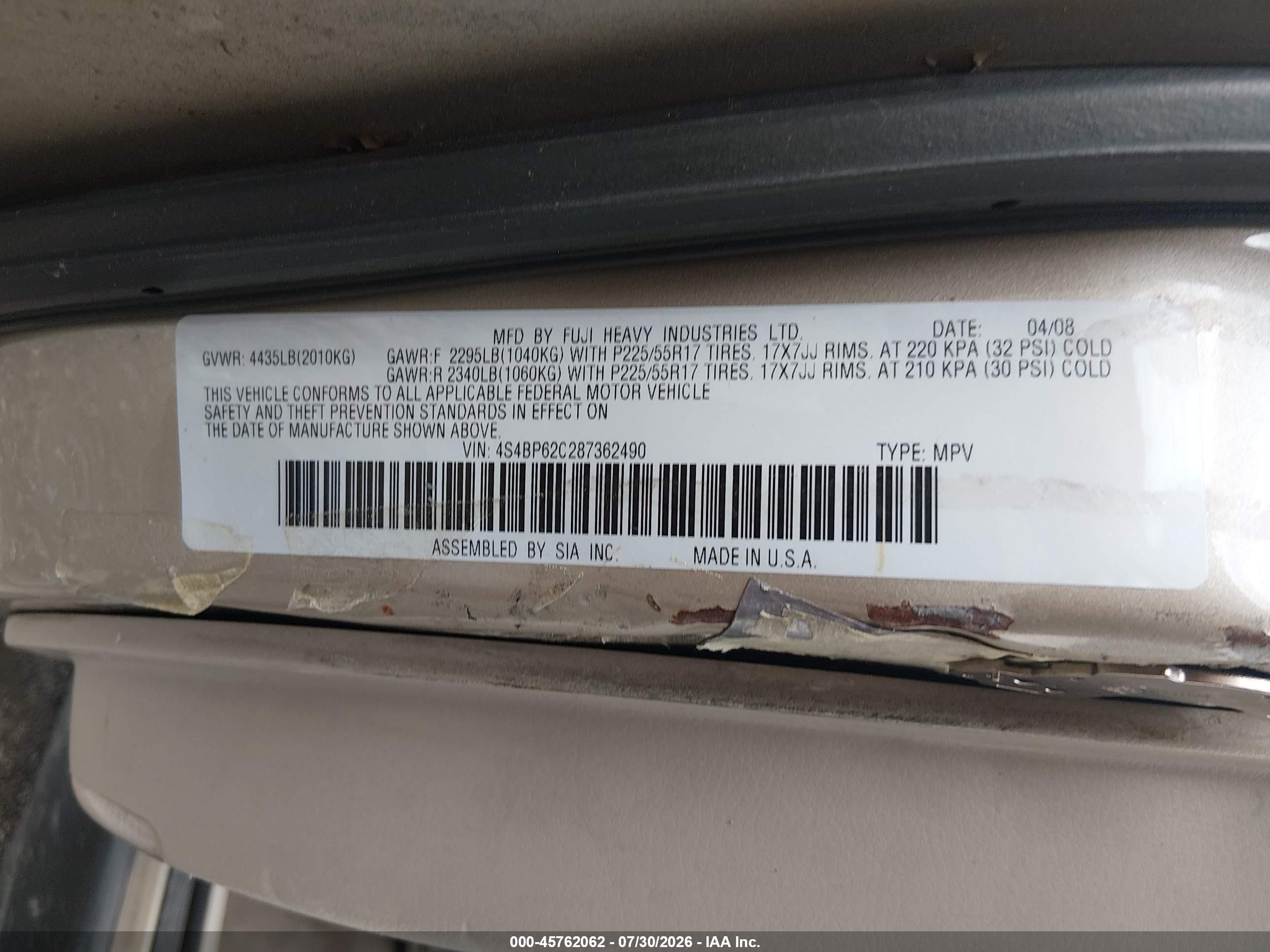 2008 Subaru Outback (natl) Ltd/ltd Ll Bean W/nav/ltd Ll Bean W/nav/vdc/ltd W/vdc Gold vin: 4S4BP62C287362490