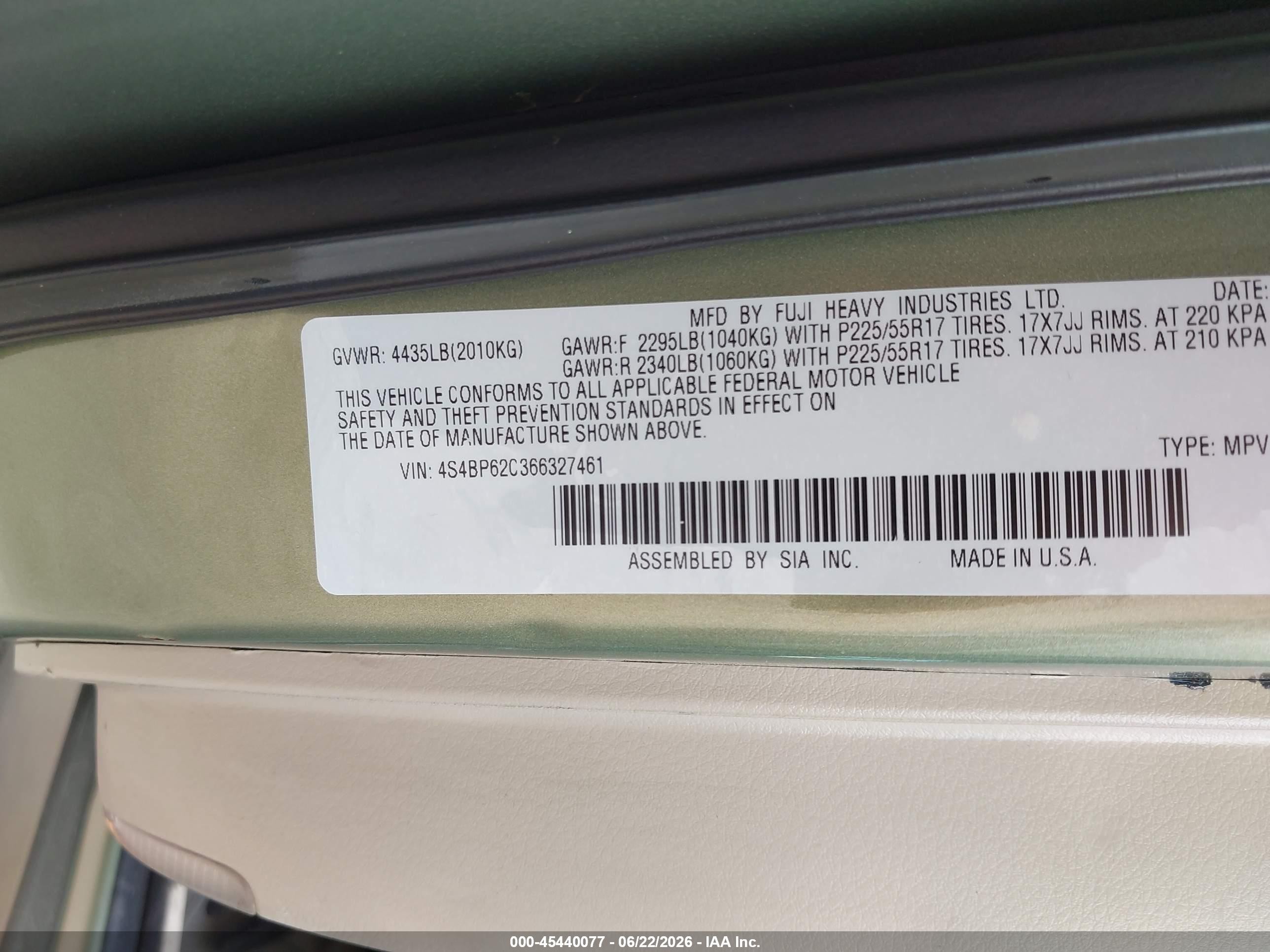 2006 Subaru Outback 2.5i Limited Green vin: 4S4BP62C366327461