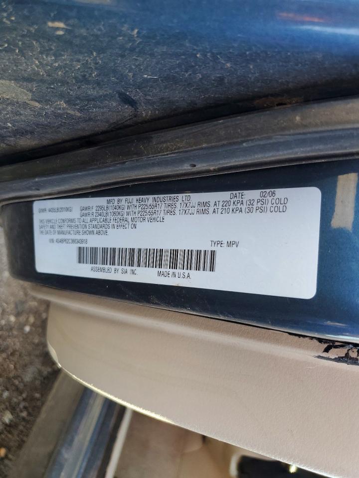 2006 Subaru Legacy Outback 2.5i Limited Blue vin: 4S4BP62C366343918