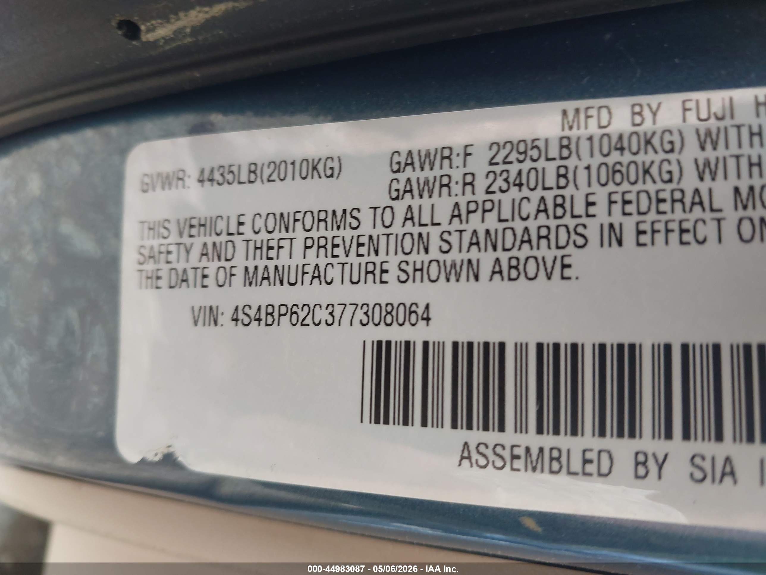 2007 Subaru Outback 2.5i Limited Blue vin: 4S4BP62C377308064