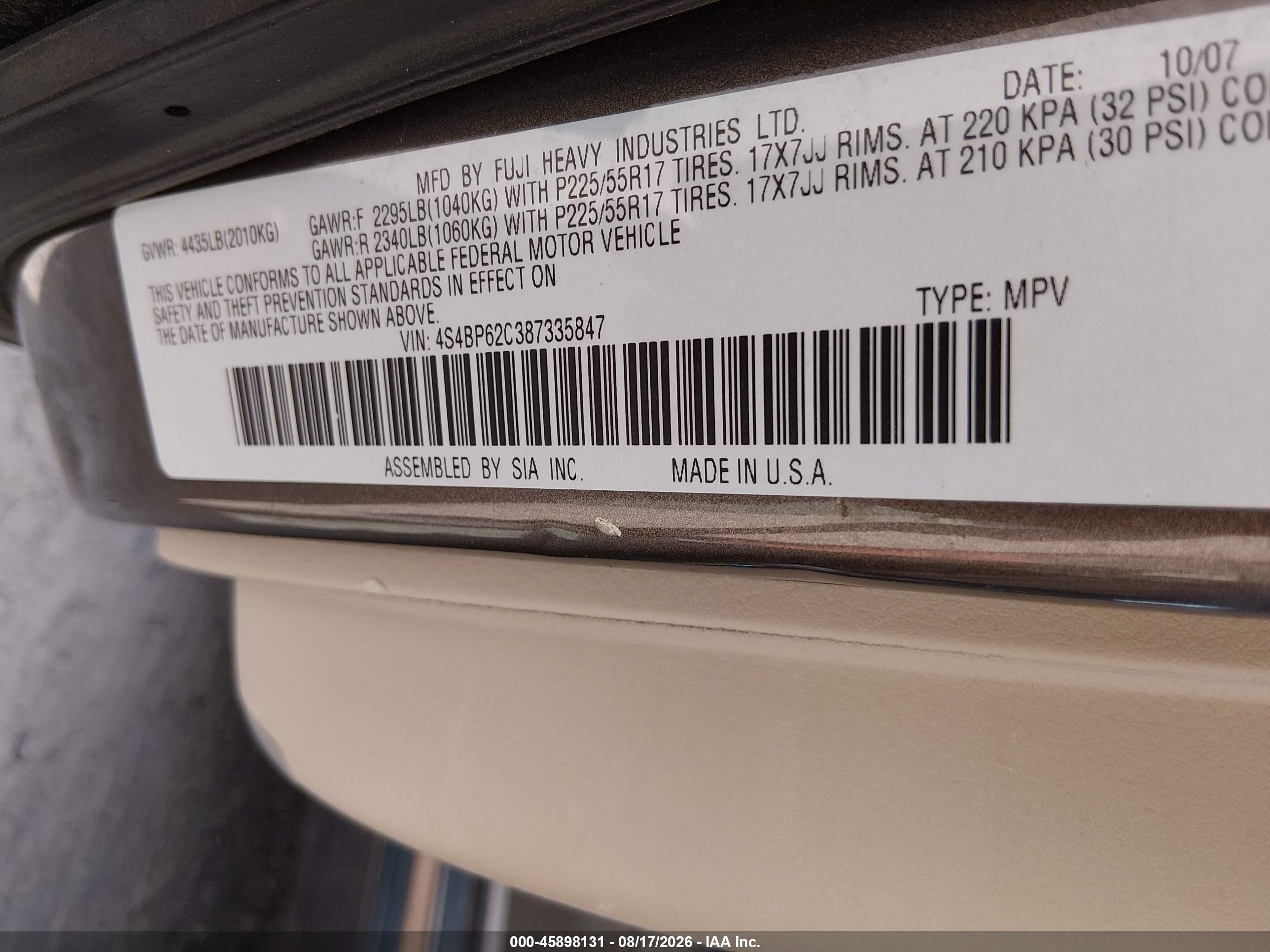 2008 Subaru Outback 2.5i Limited/2.5i Limited L.l. Bean Edition Brown vin: 4S4BP62C387335847