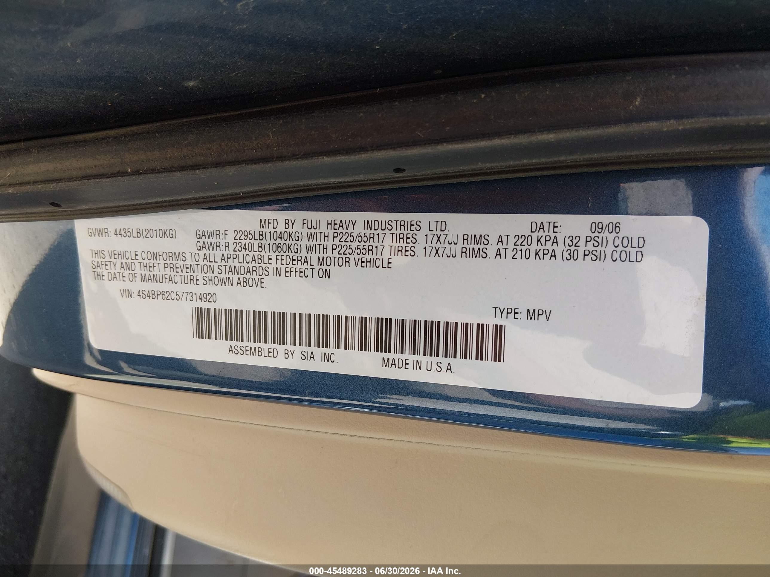 2007 Subaru Outback 2.5i Limited Blue vin: 4S4BP62C577314920