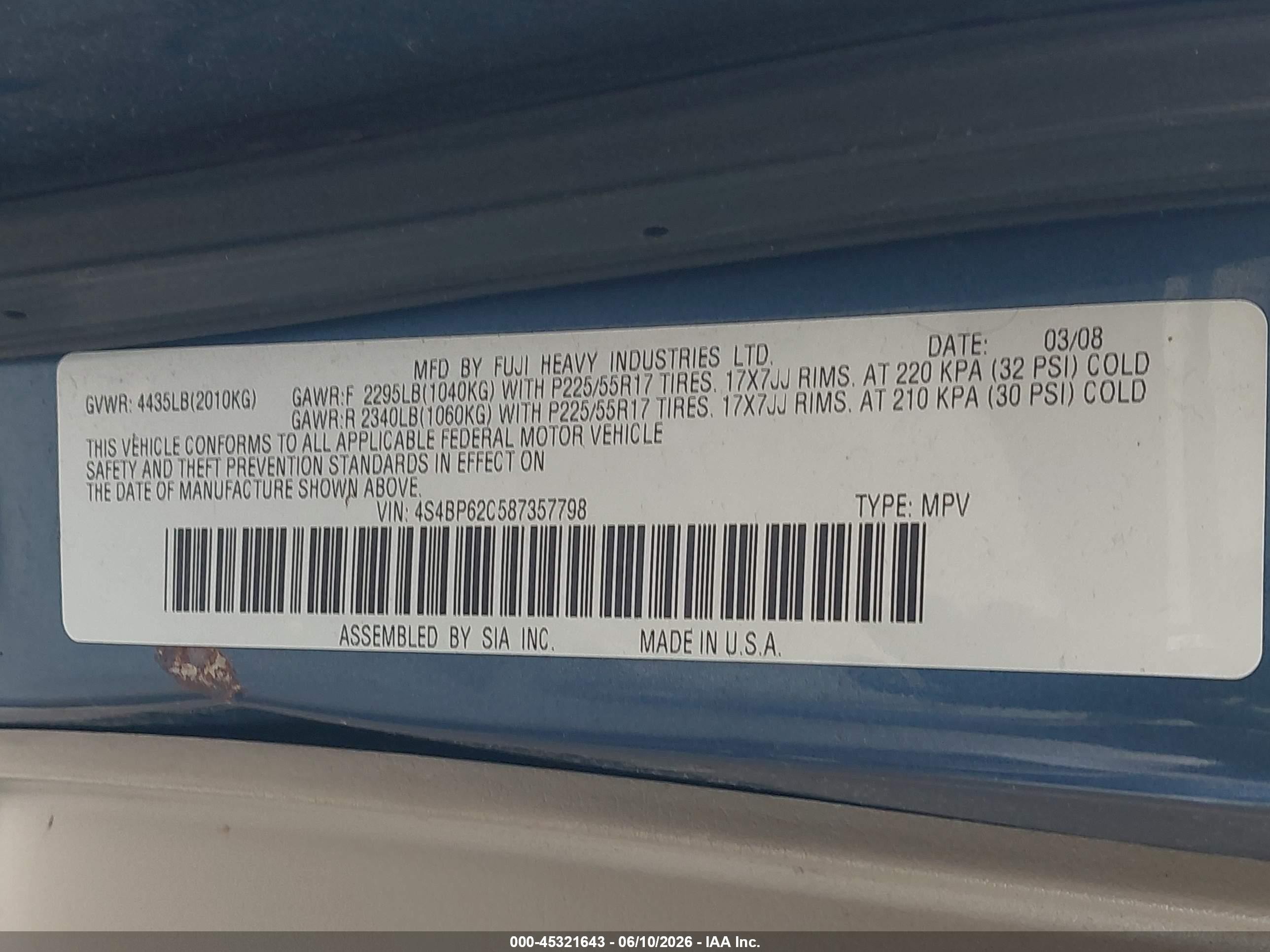 2008 Subaru Outback 2.5i Limited/2.5i Limited L.l. Bean Edition Blue vin: 4S4BP62C587357798