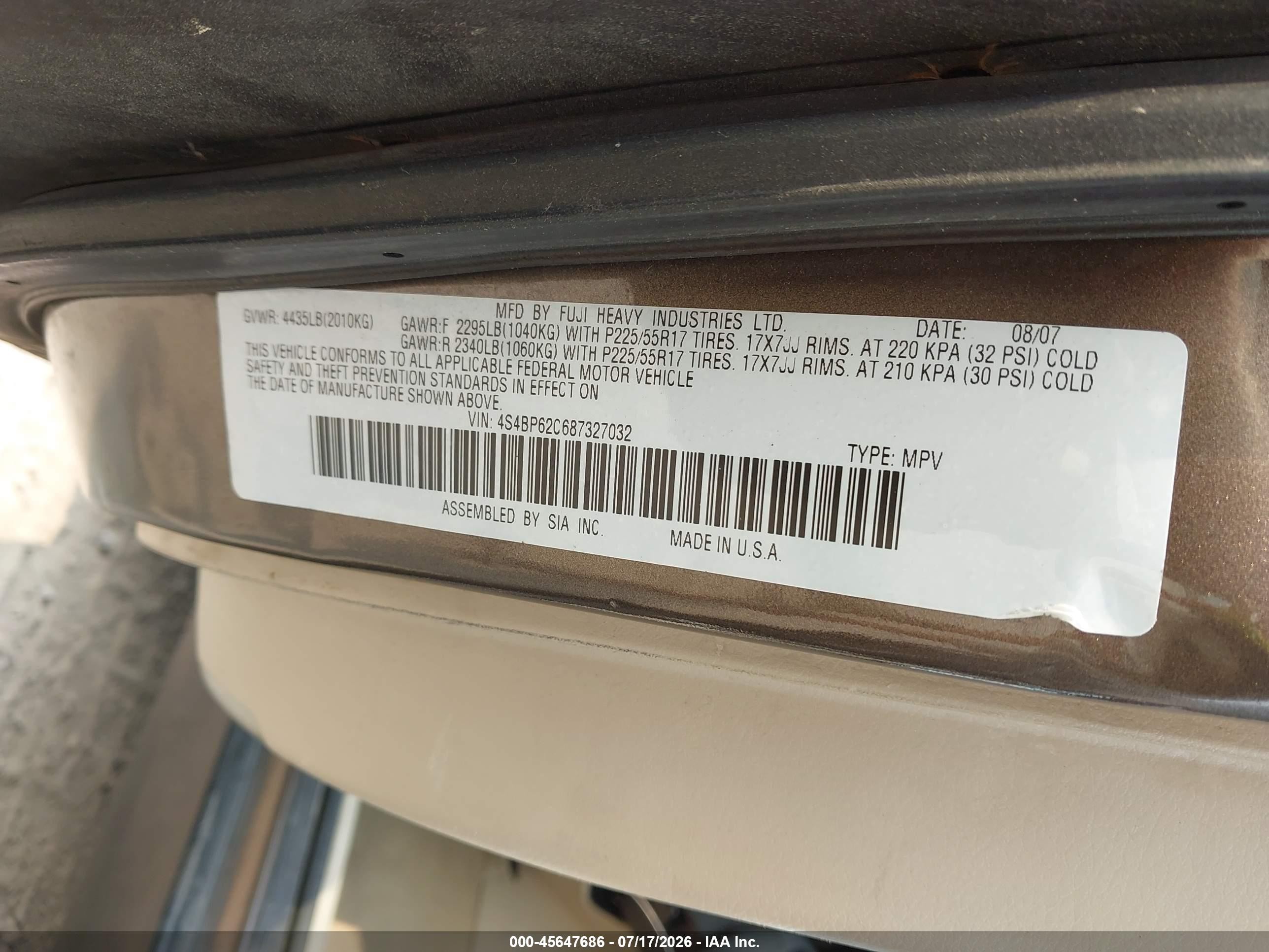 2008 Subaru Outback (natl) Ltd/ltd Ll Bean W/nav/ltd Ll Bean W/nav/vdc/ltd W/vdc Brown vin: 4S4BP62C687327032