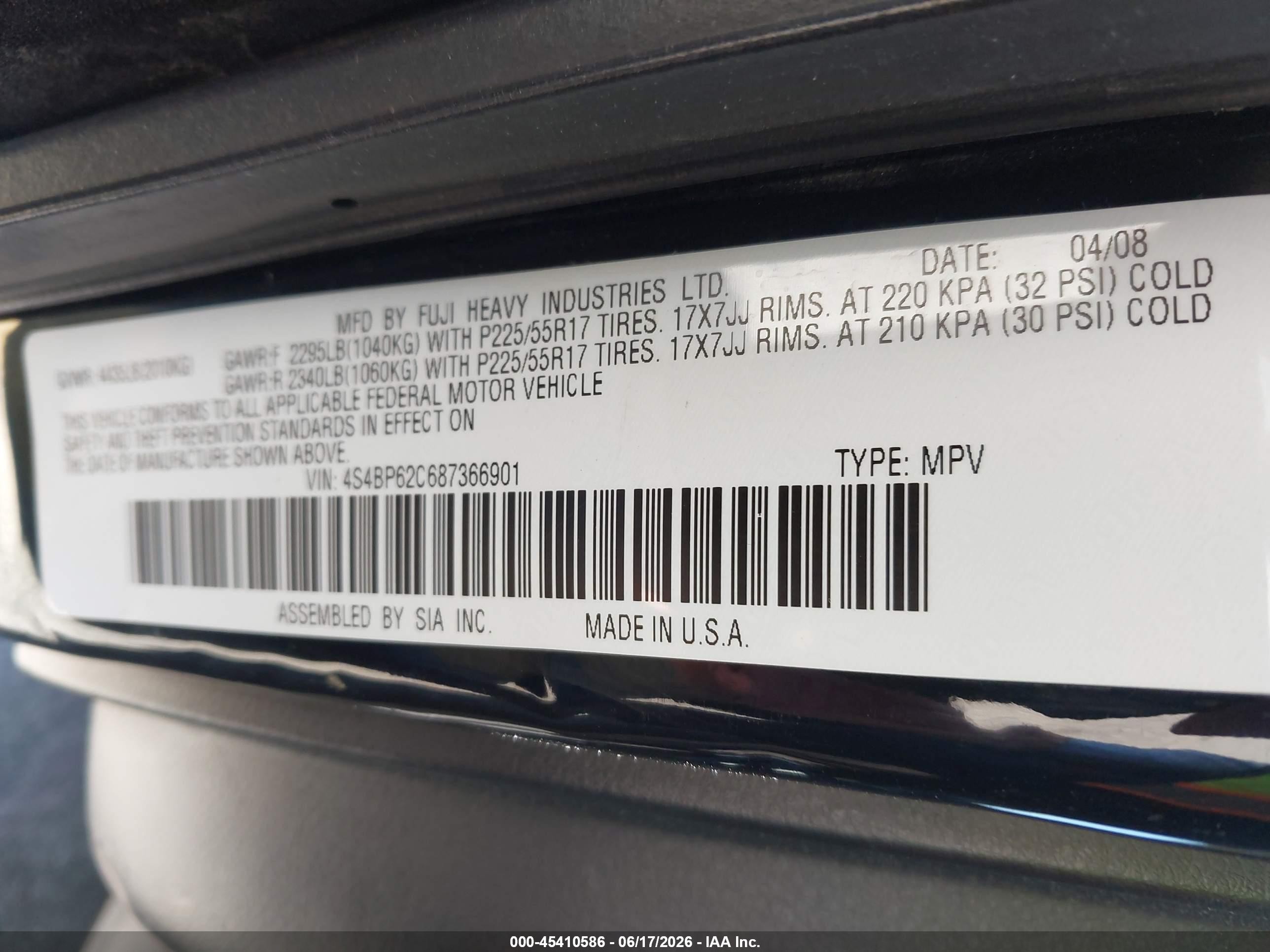 2008 Subaru Outback 2.5i Limited/2.5i Limited L.l. Bean Edition Black vin: 4S4BP62C687366901