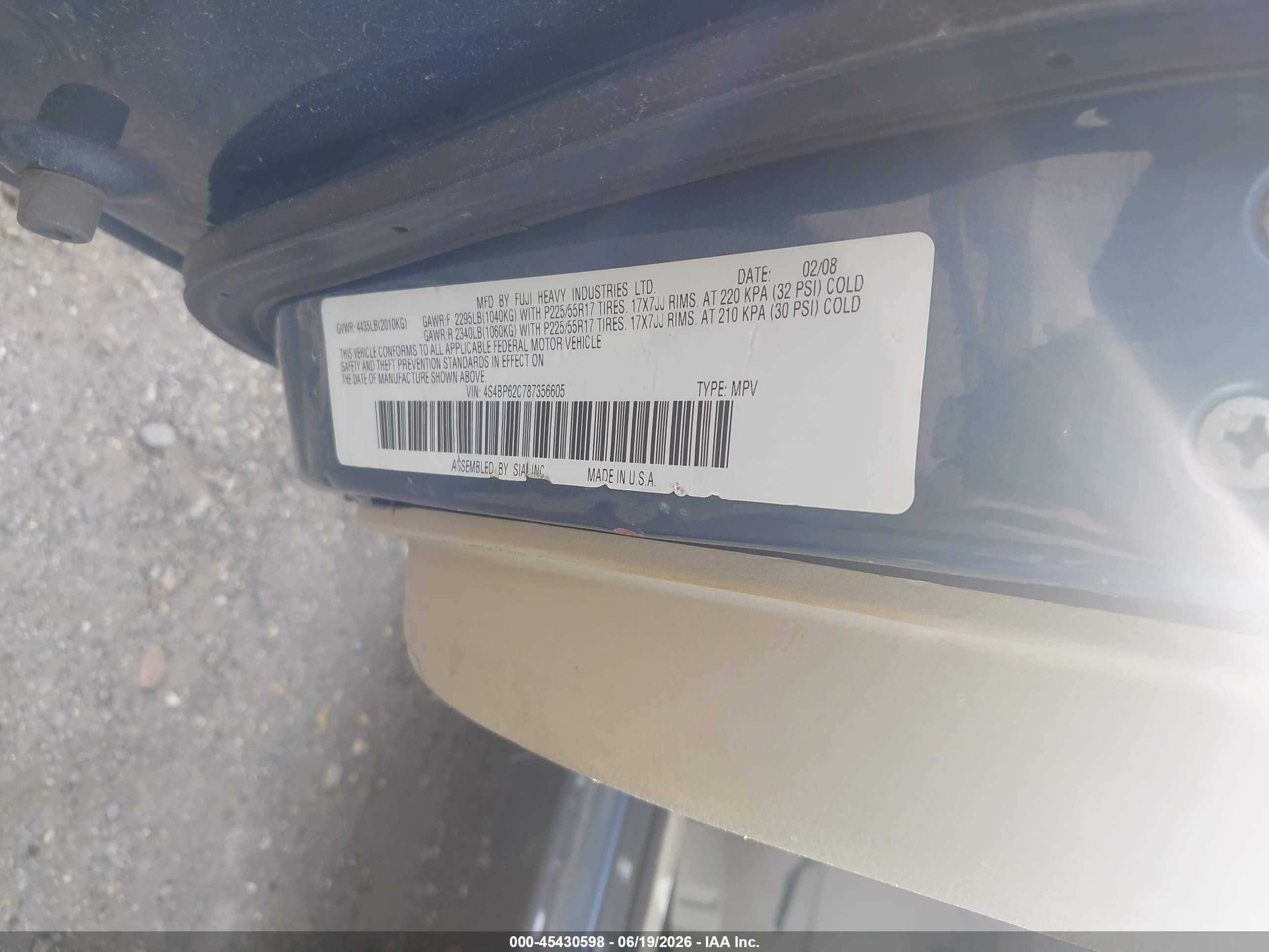 2008 Subaru Outback 2.5i Limited/2.5i Limited L.l. Bean Edition Blue vin: 4S4BP62C787356605
