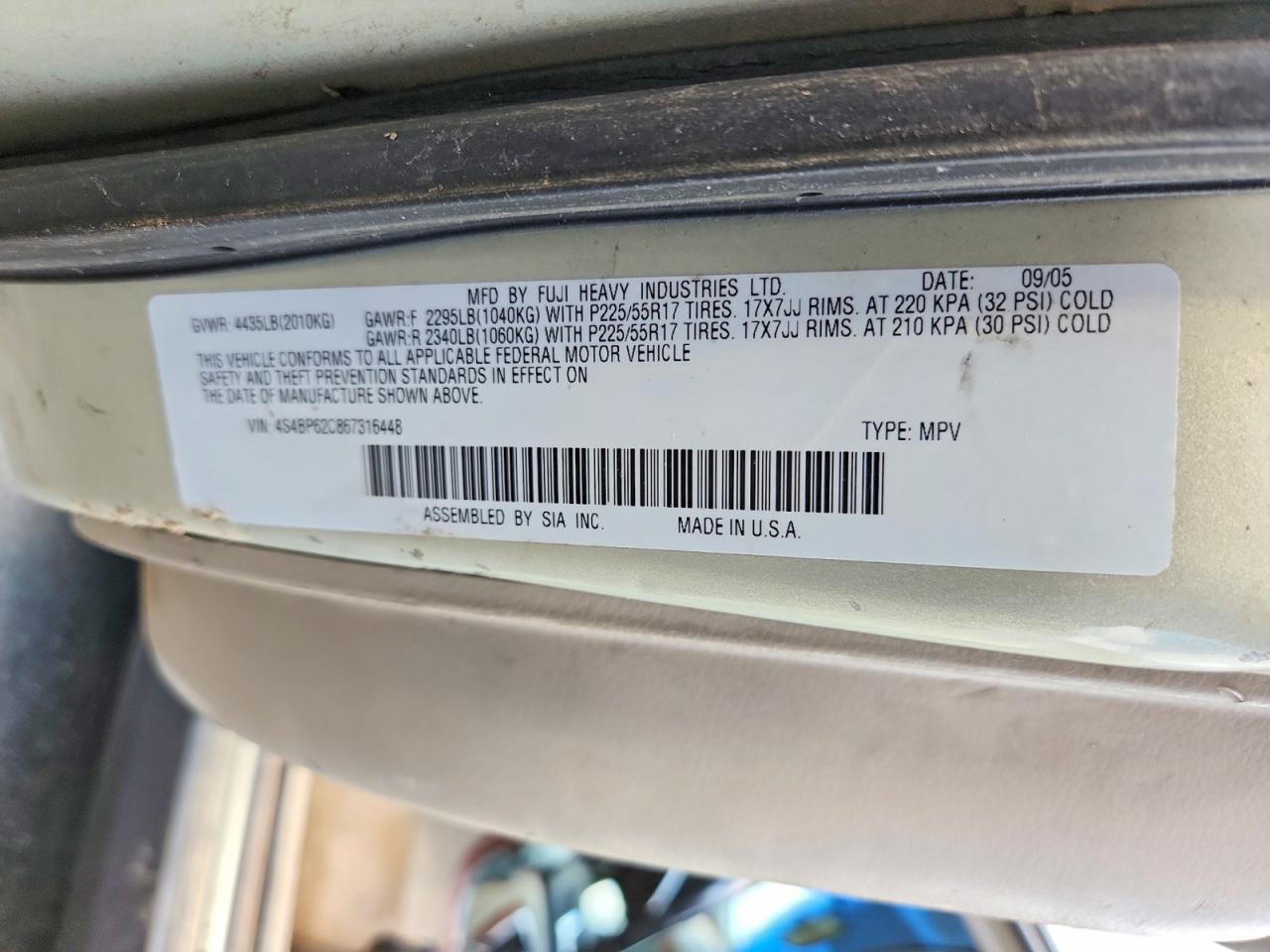 2006 Subaru Legacy Outback 2.5i Limited Beige vin: 4S4BP62C867316448