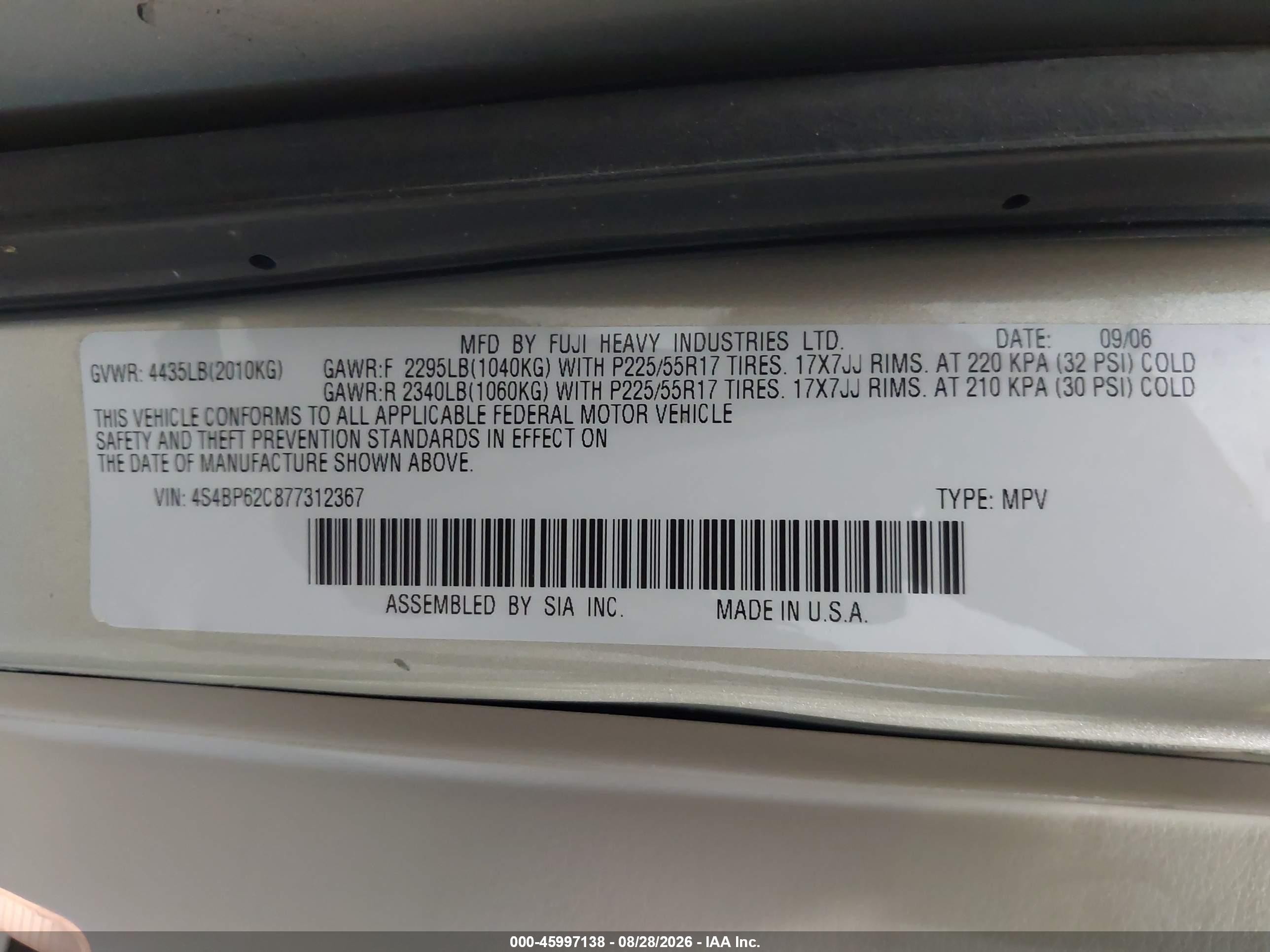 2007 Subaru Outback 2.5i Limited White vin: 4S4BP62C877312367