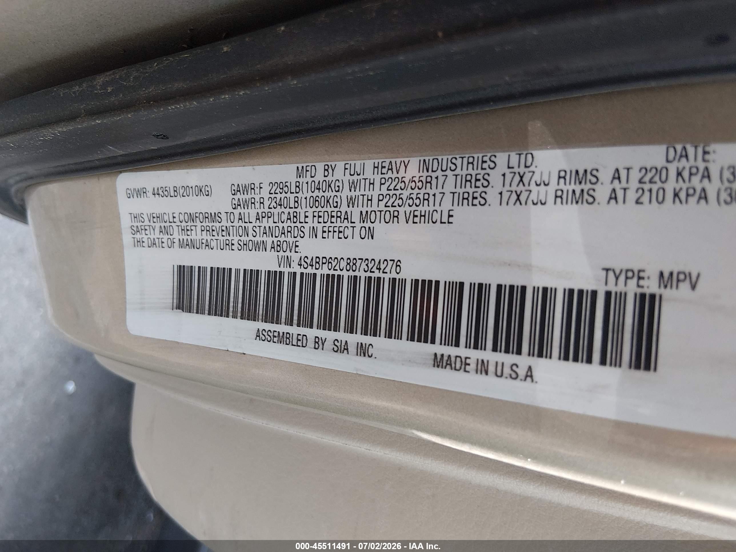 2008 Subaru Outback (natl) Ltd/ltd Ll Bean W/nav/ltd Ll Bean W/nav/vdc/ltd W/vdc Gold vin: 4S4BP62C887324276