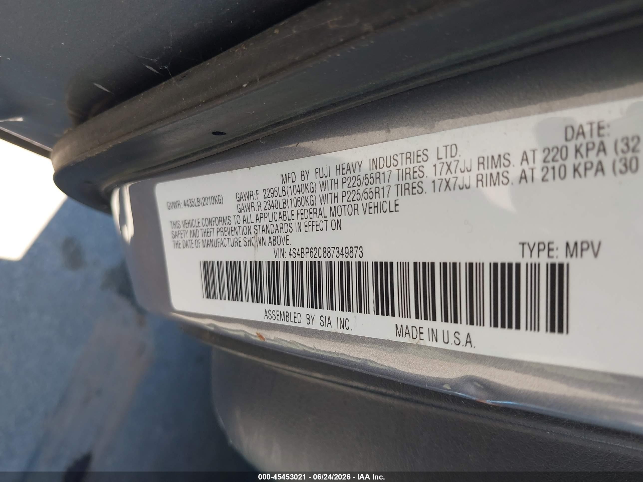 2008 Subaru Outback (natl) Ltd/ltd Ll Bean W/nav/ltd Ll Bean W/nav/vdc/ltd W/vdc Gray vin: 4S4BP62C887349873