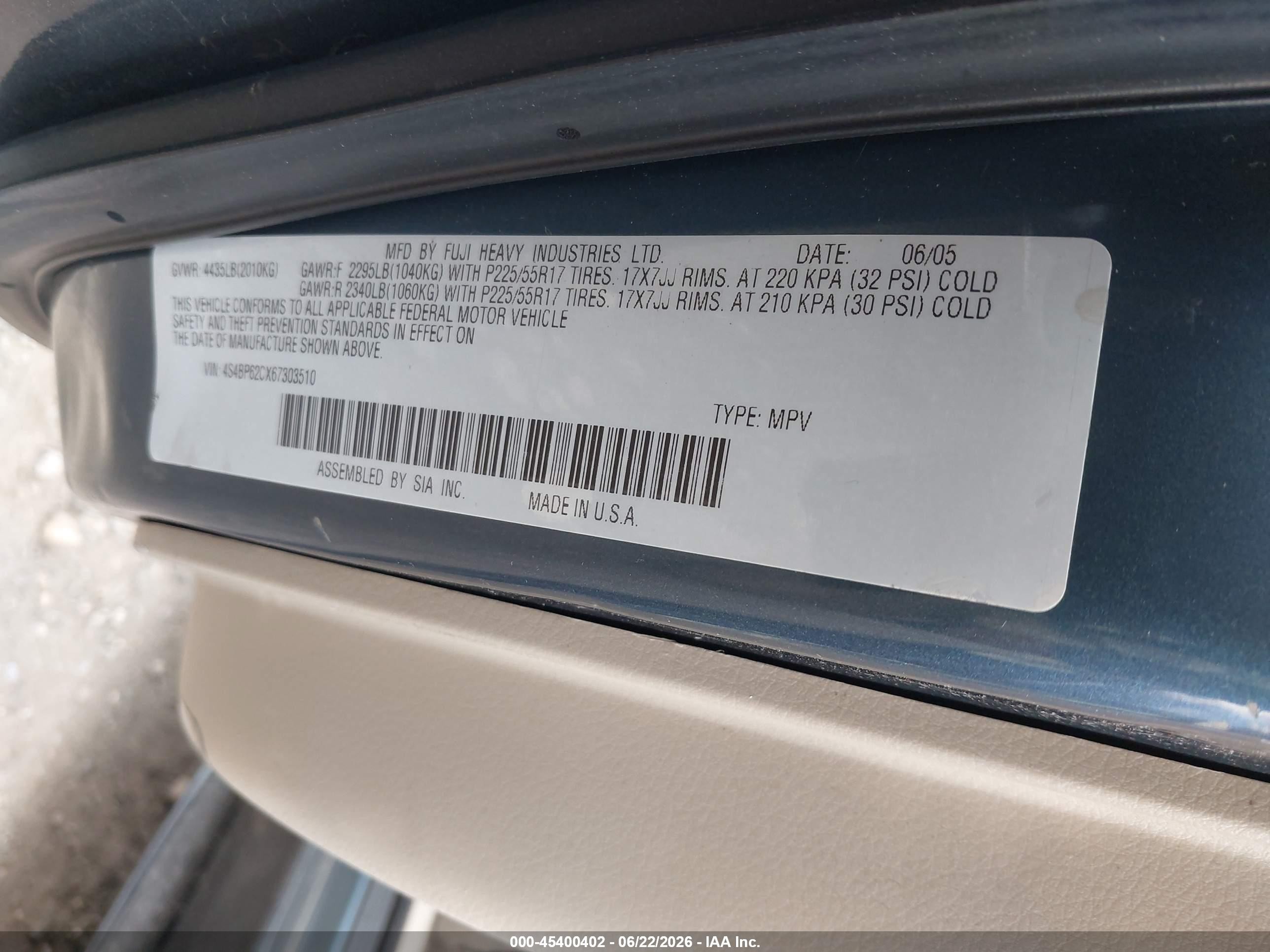 2006 Subaru Outback 2.5i Limited Синий vin: 4S4BP62CX67303510