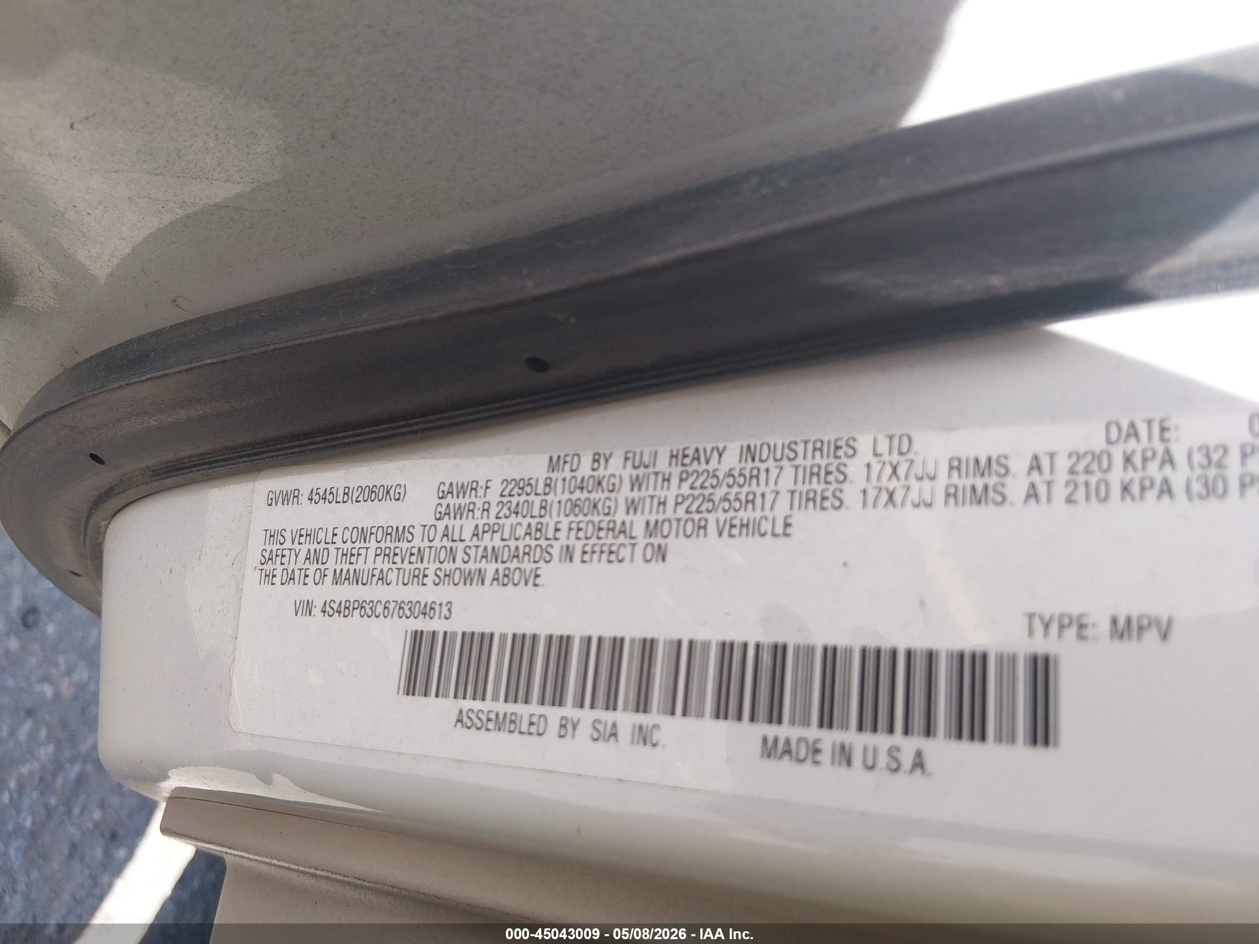 2007 Subaru Outback 2.5xt Limited Белый vin: 4S4BP63C676304613