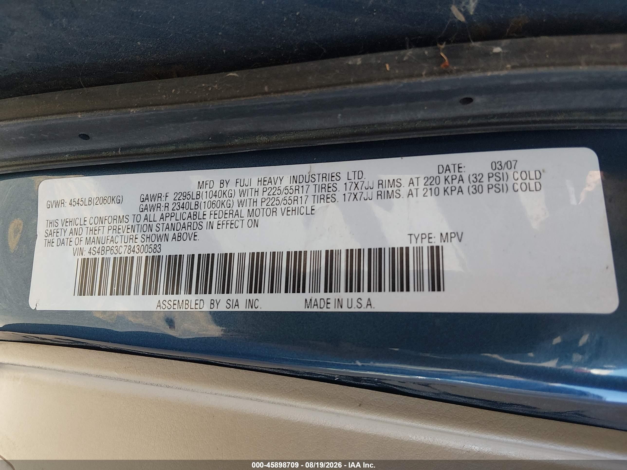 2008 Subaru Outback 2.5xt Limited Blue vin: 4S4BP63C784300583