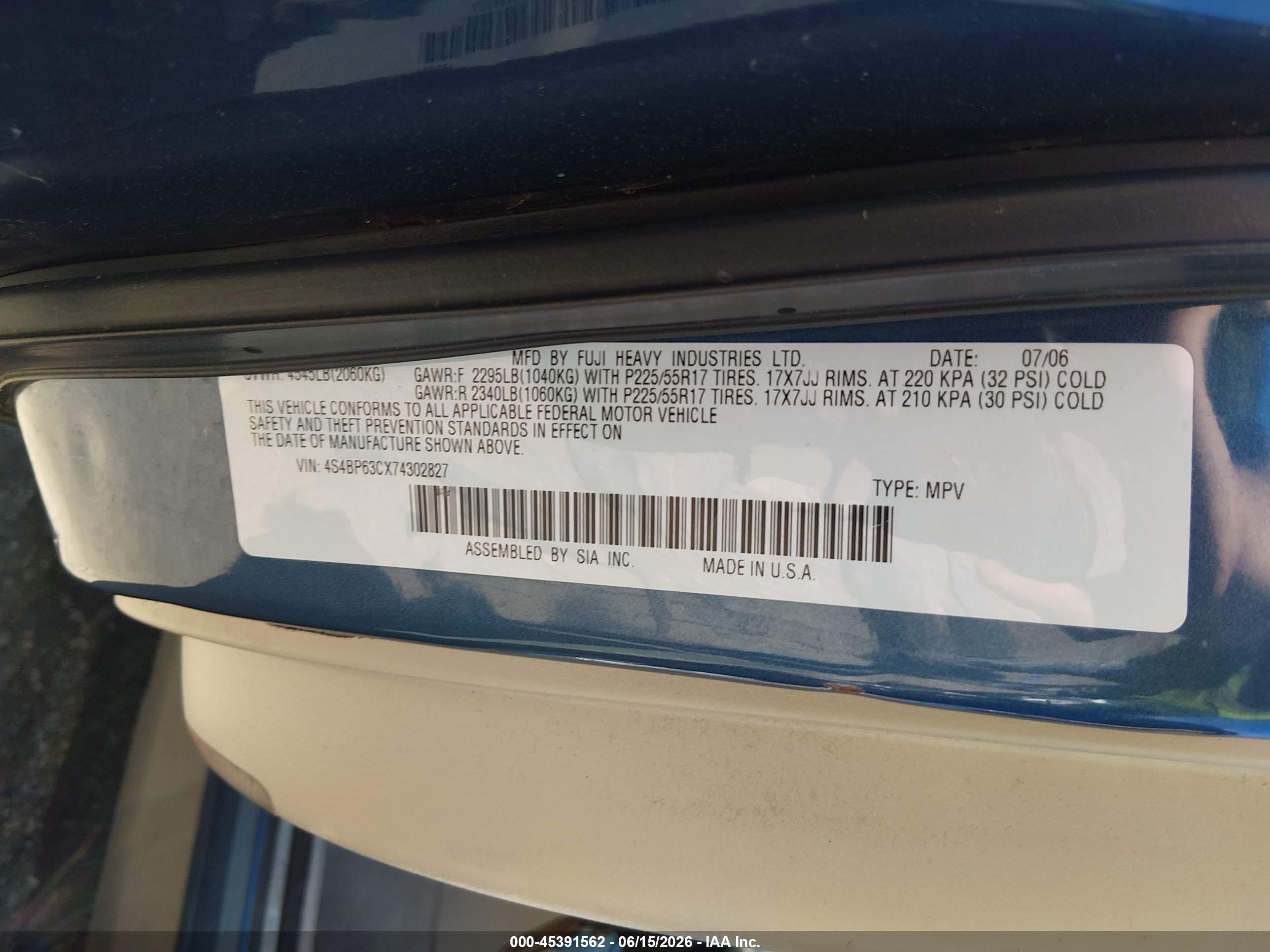 2007 Subaru Outback 2.5xt Limited Blue vin: 4S4BP63CX74302827