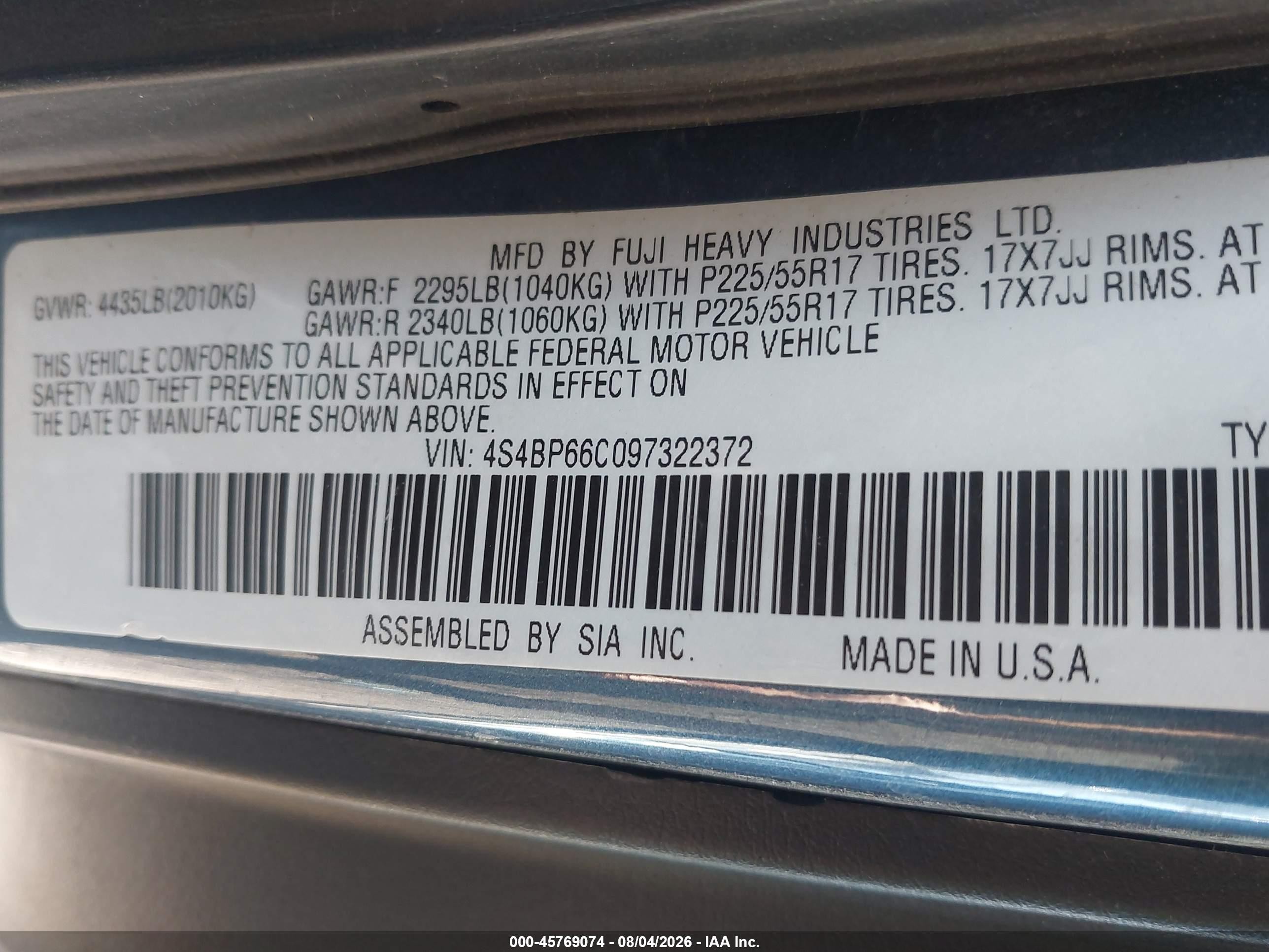 2009 Subaru Outback 2.5i Limited Blue vin: 4S4BP66C097322372