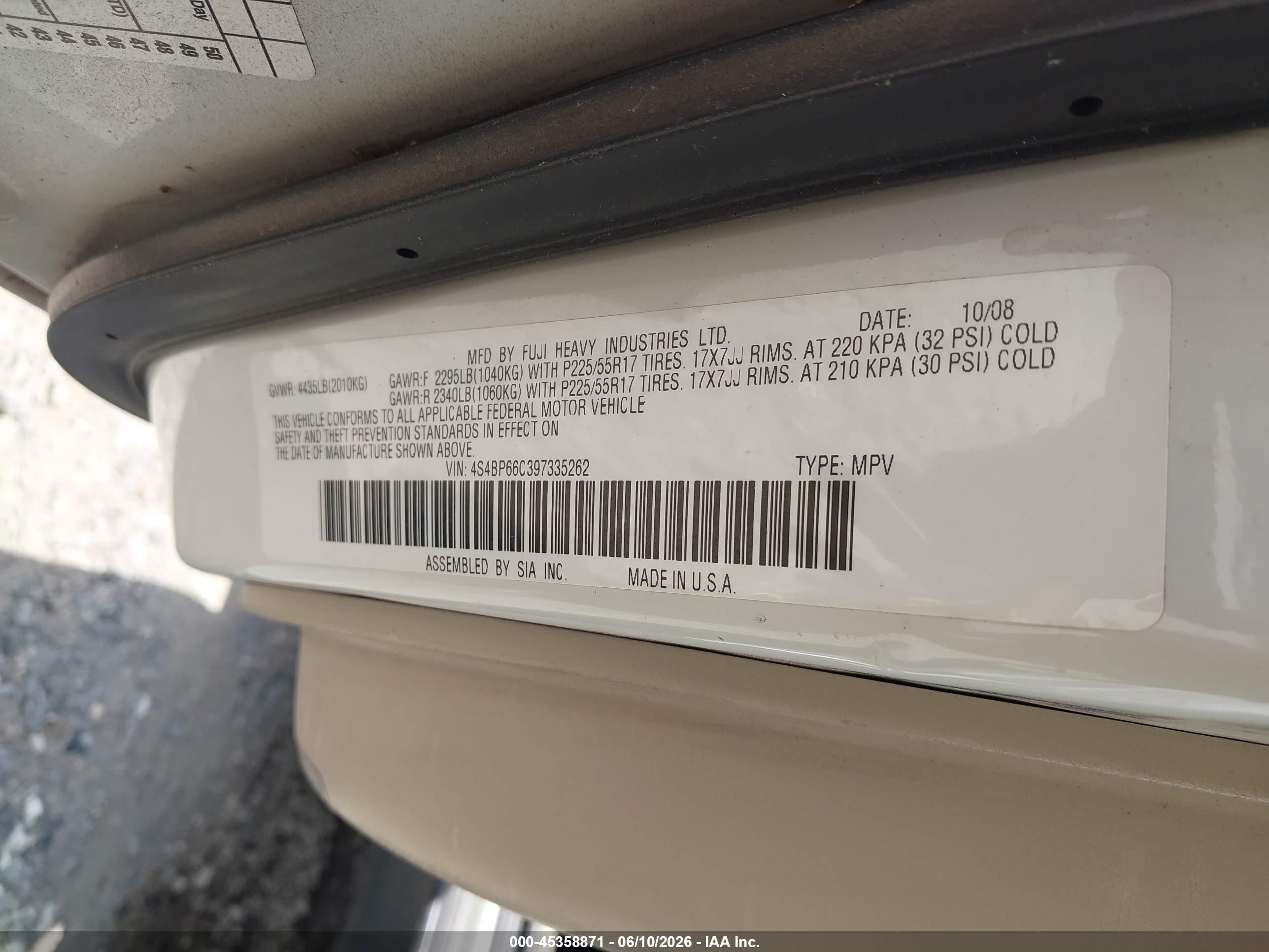 2009 Subaru Outback 2.5i Limited White vin: 4S4BP66C397335262