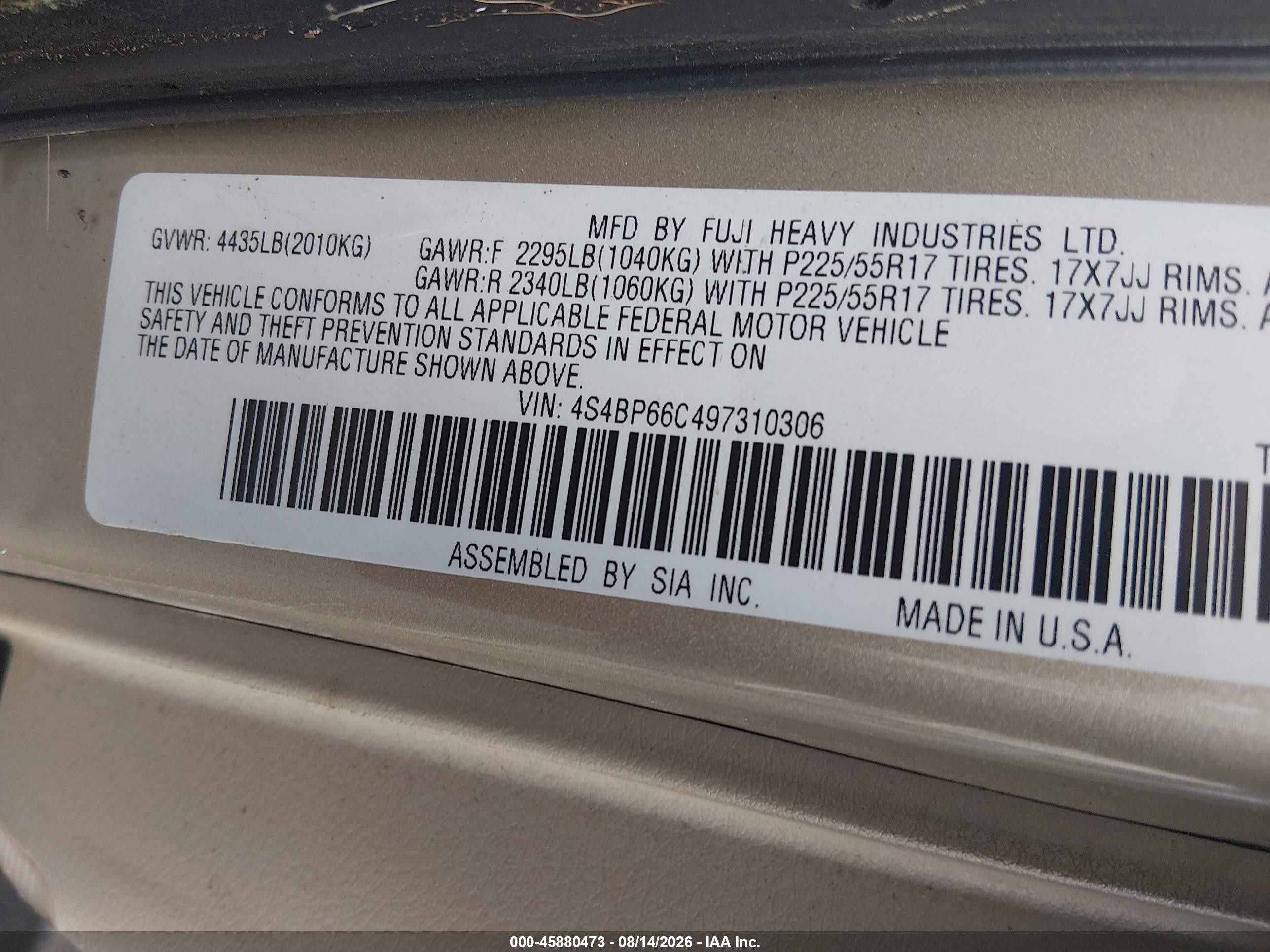 2009 Subaru Outback 2.5i Limited Золотой vin: 4S4BP66C497310306