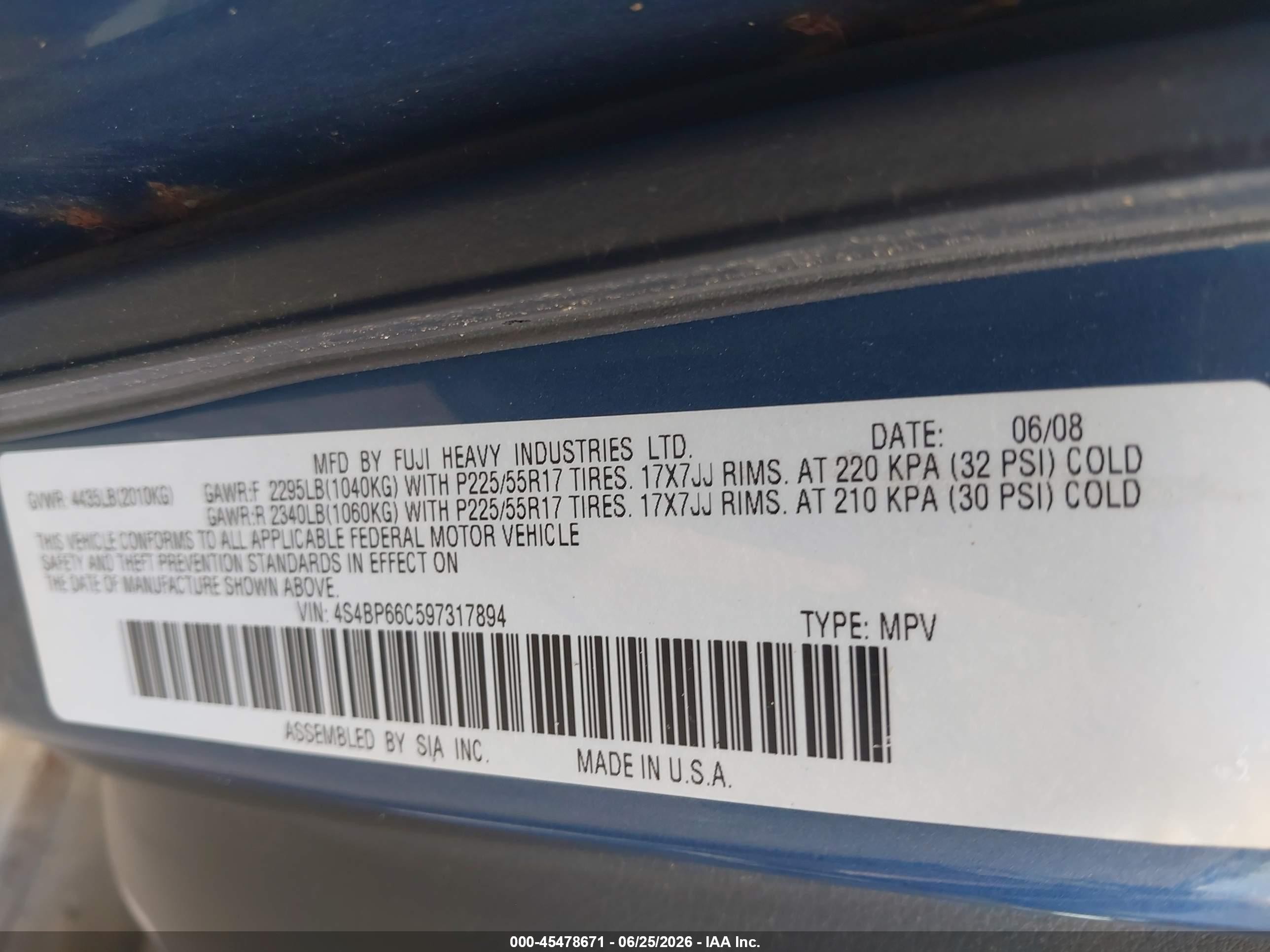 2009 Subaru Outback 2.5i Limited Blue vin: 4S4BP66C597317894