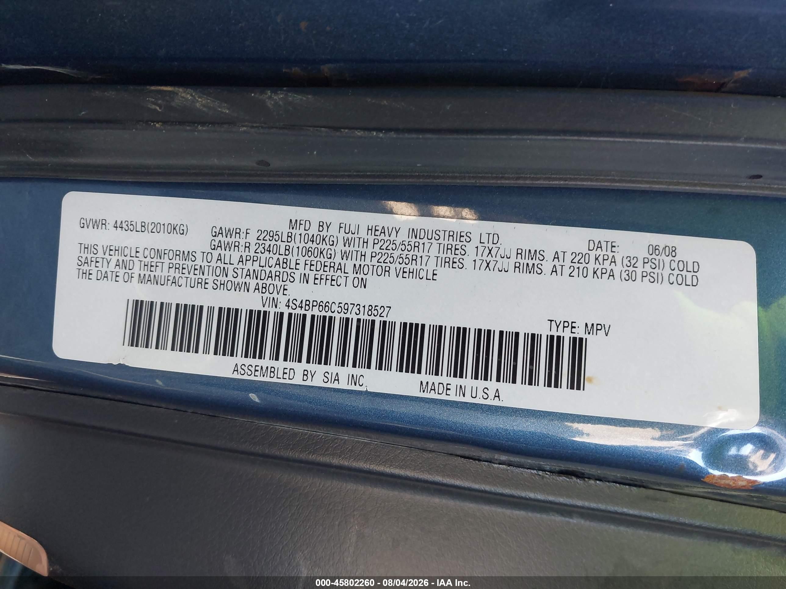 2009 Subaru Outback 2.5i Limited Blue vin: 4S4BP66C597318527