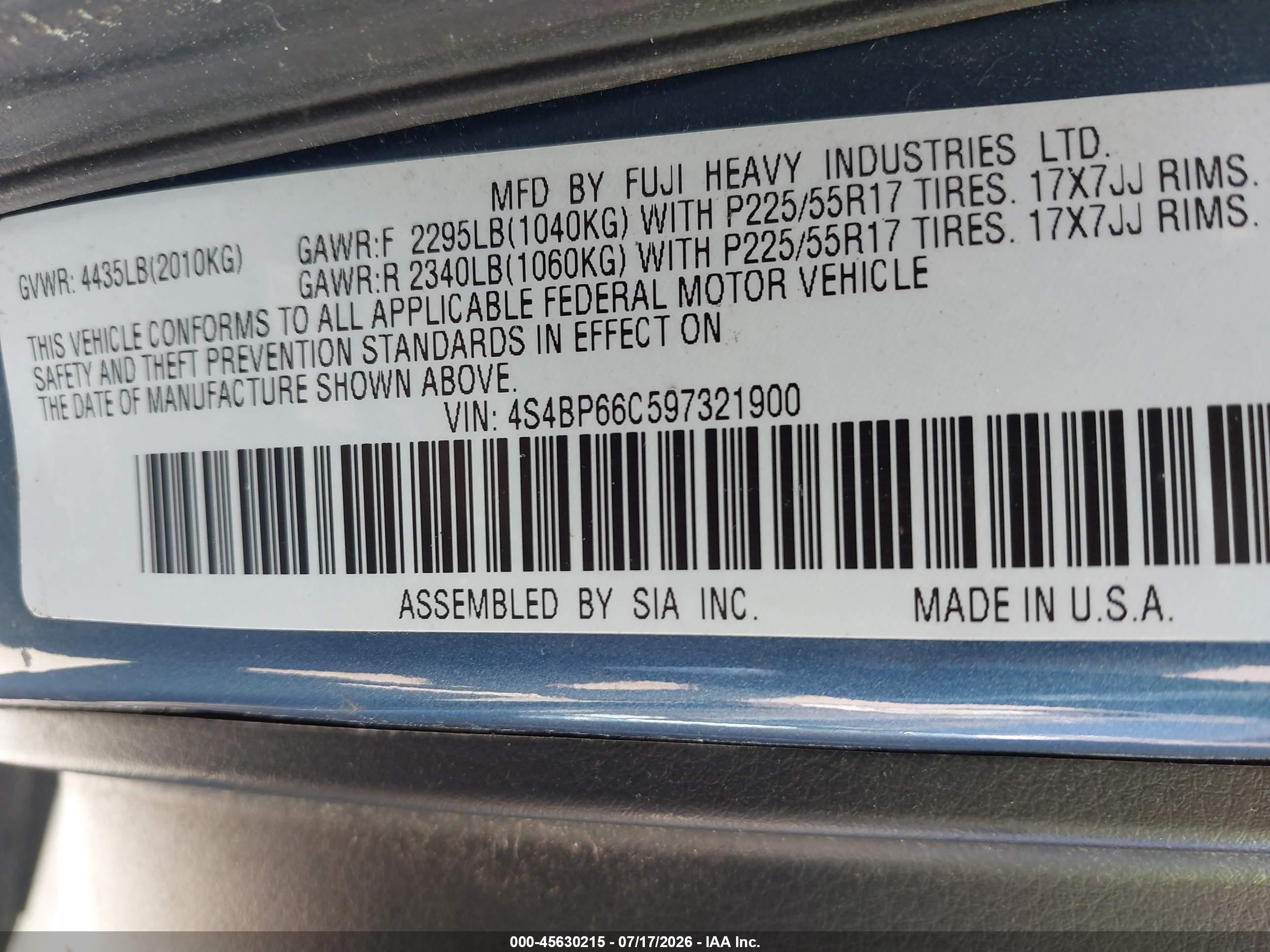 2009 Subaru Outback 2.5i Limited Blue vin: 4S4BP66C597321900