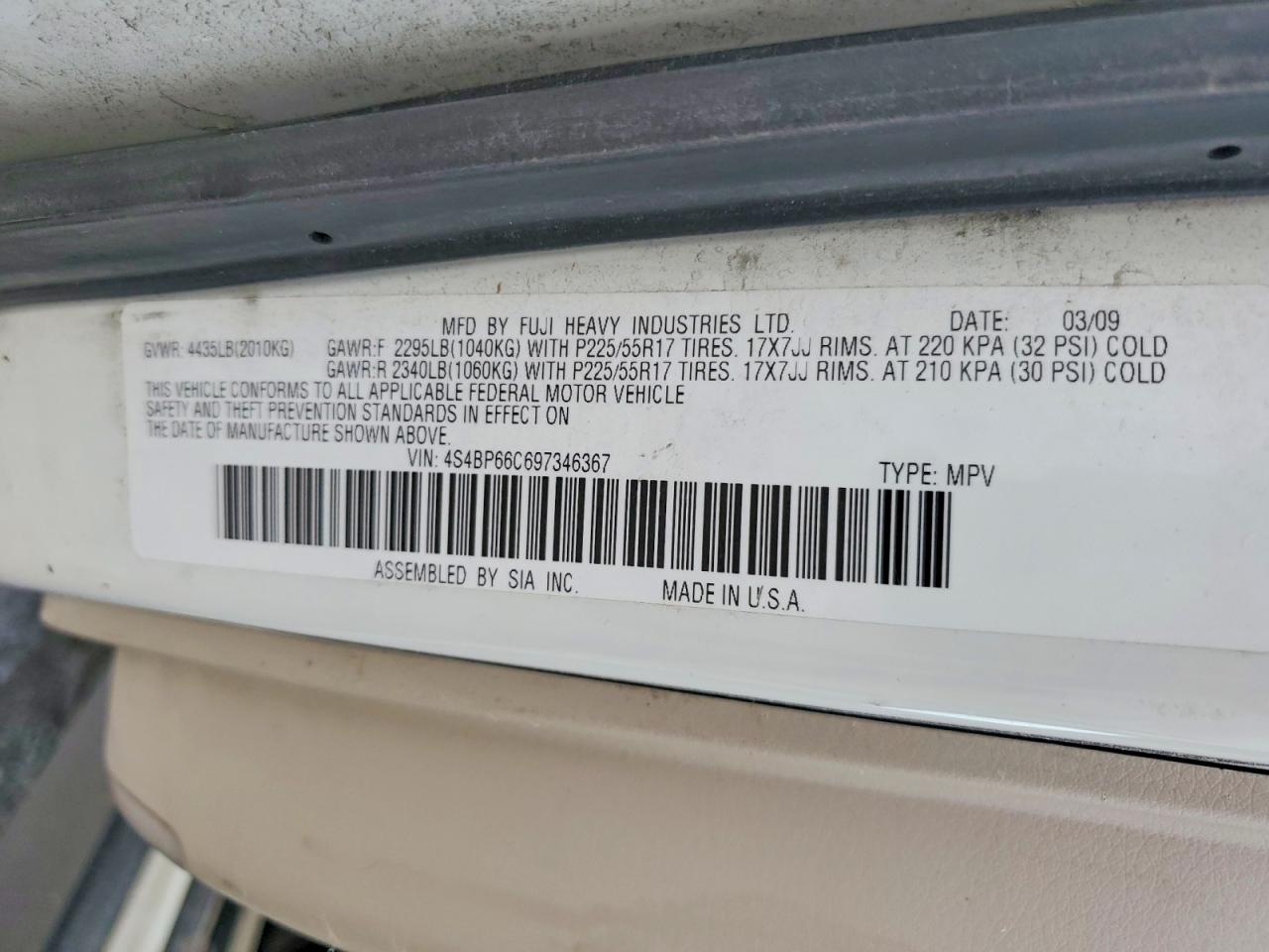 2009 Subaru Outback 2.5i Limited Белый vin: 4S4BP66C697346367