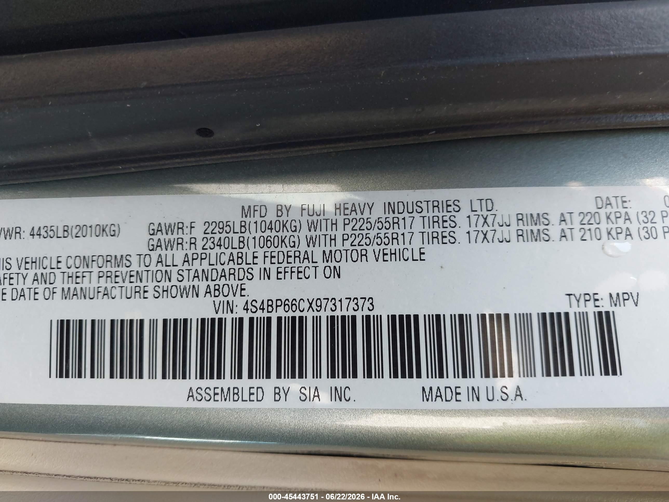 2009 Subaru Outback 2.5i Limited Green vin: 4S4BP66CX97317373