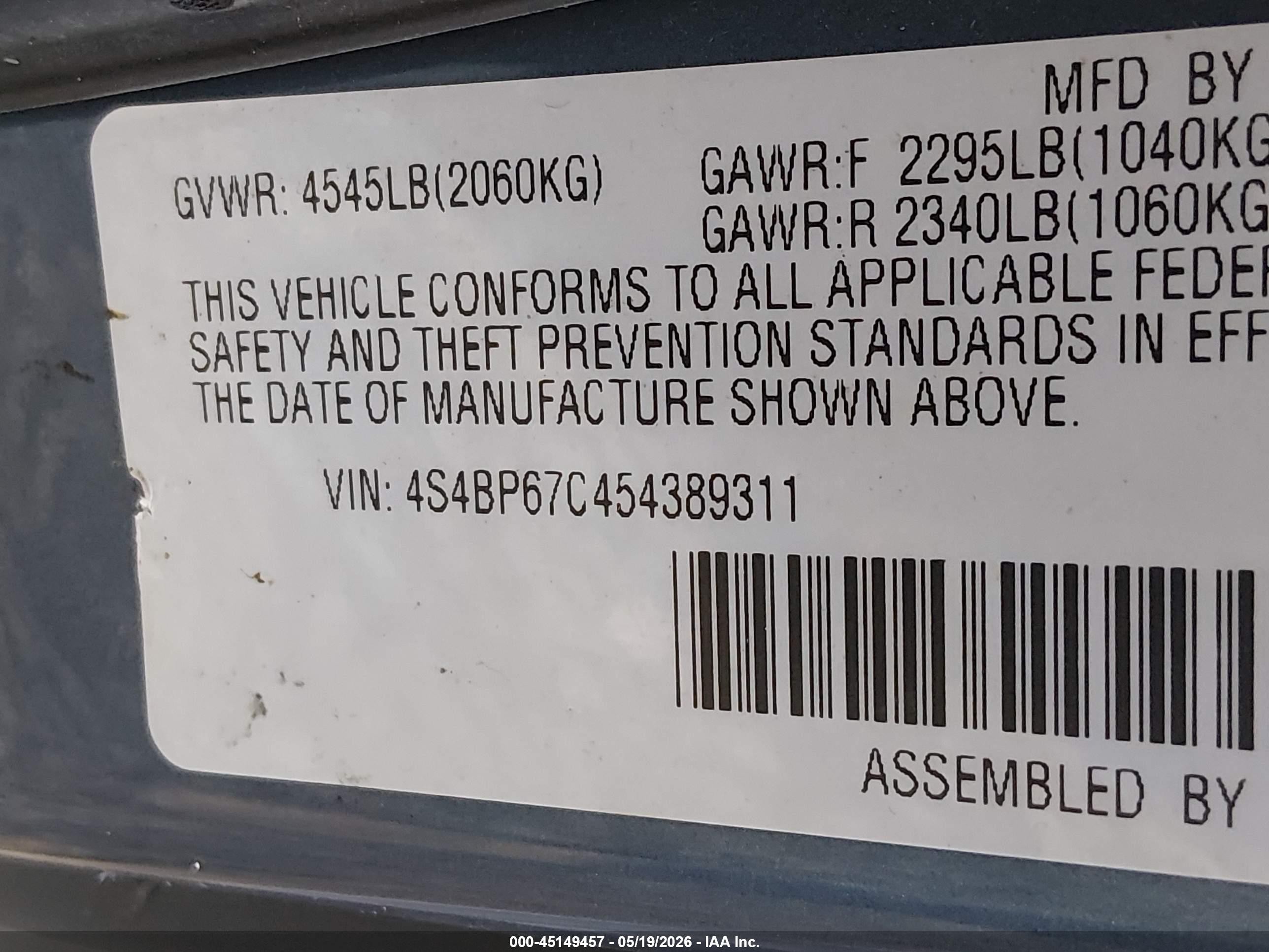 2005 Subaru Outback 2.5xt Limited Blue vin: 4S4BP67C454389311