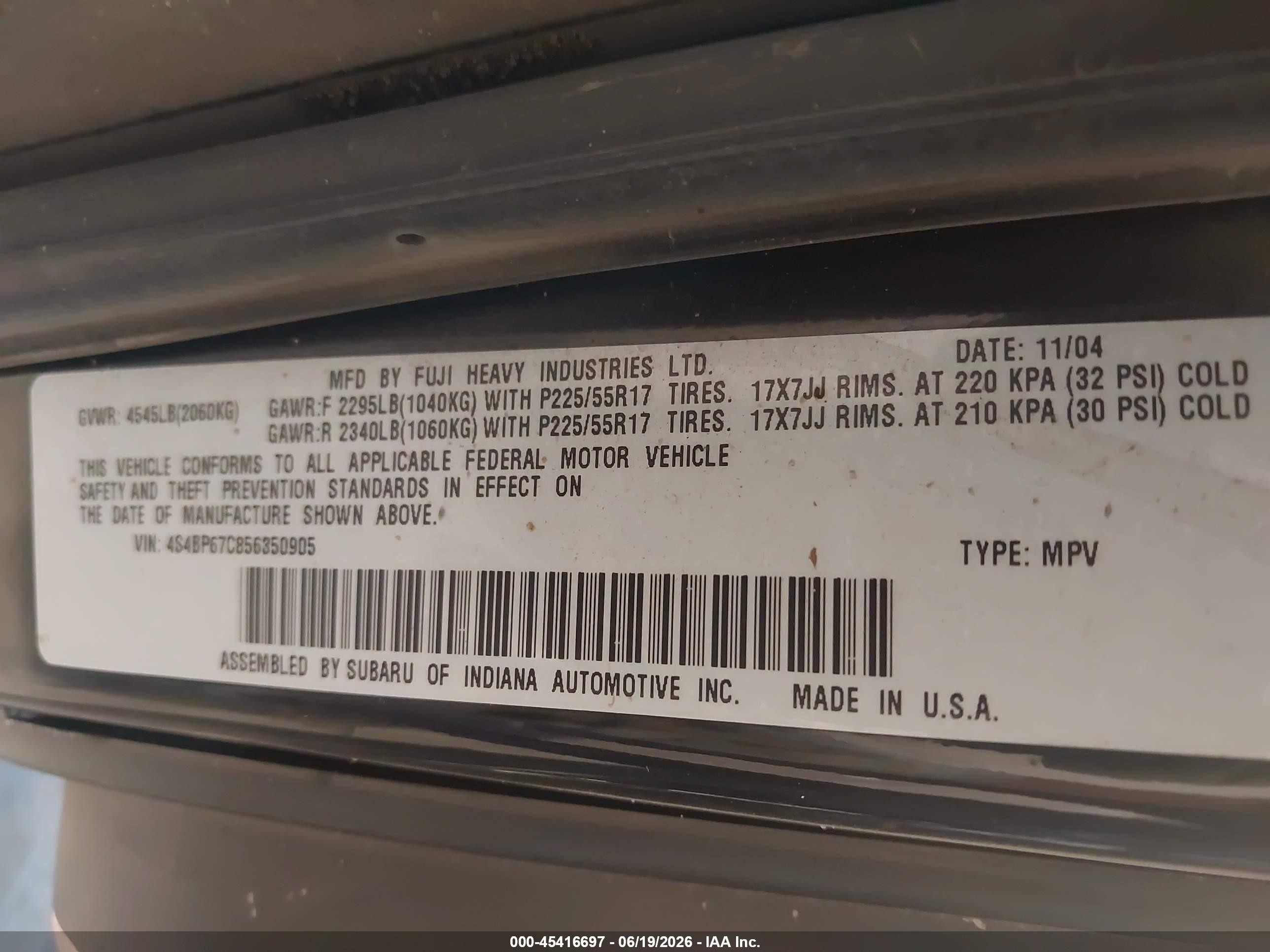 2005 Subaru Outback 2.5xt Limited Black vin: 4S4BP67C856350905
