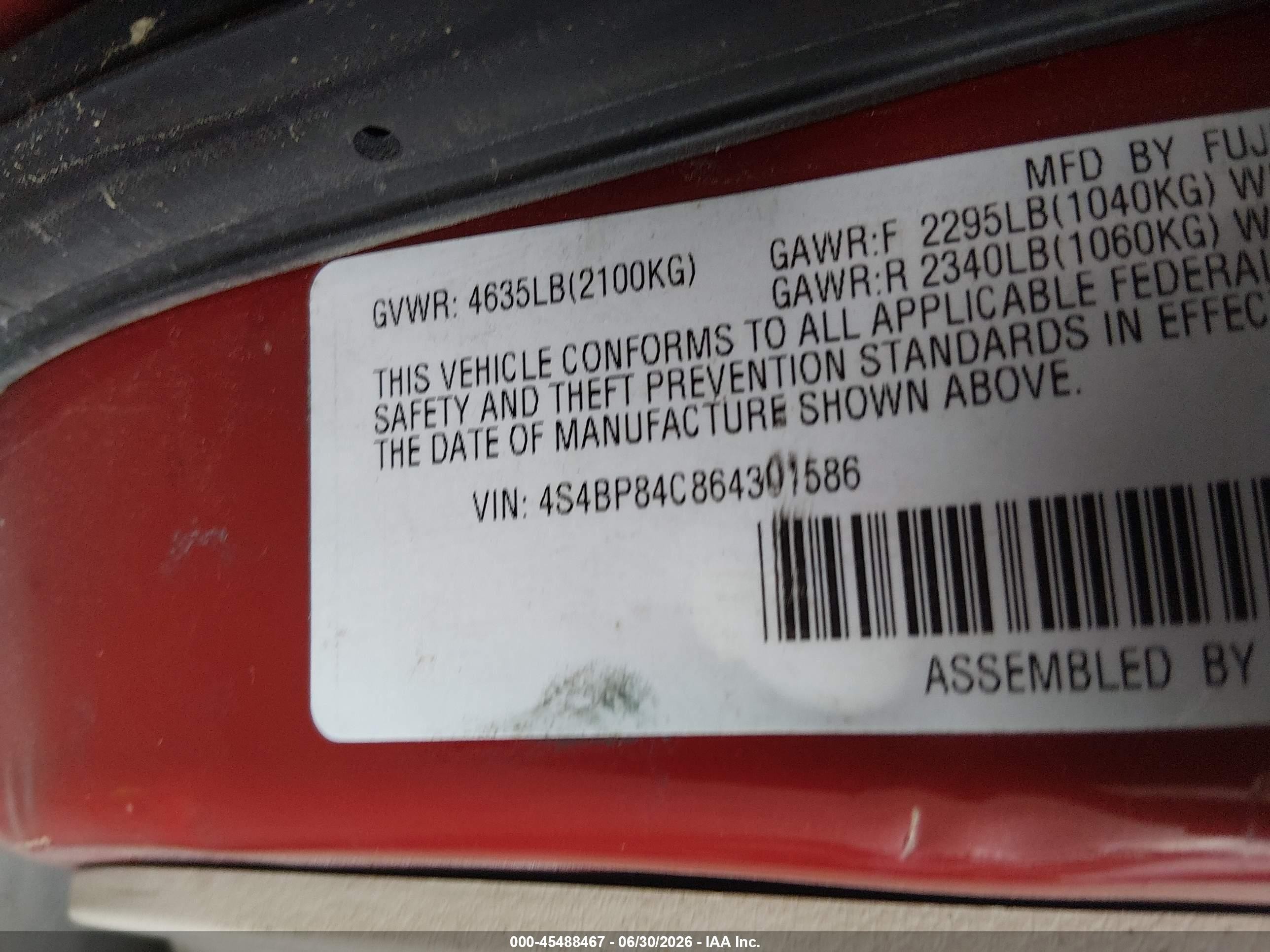 2006 Subaru Outback 3.0r Red vin: 4S4BP84C864301586