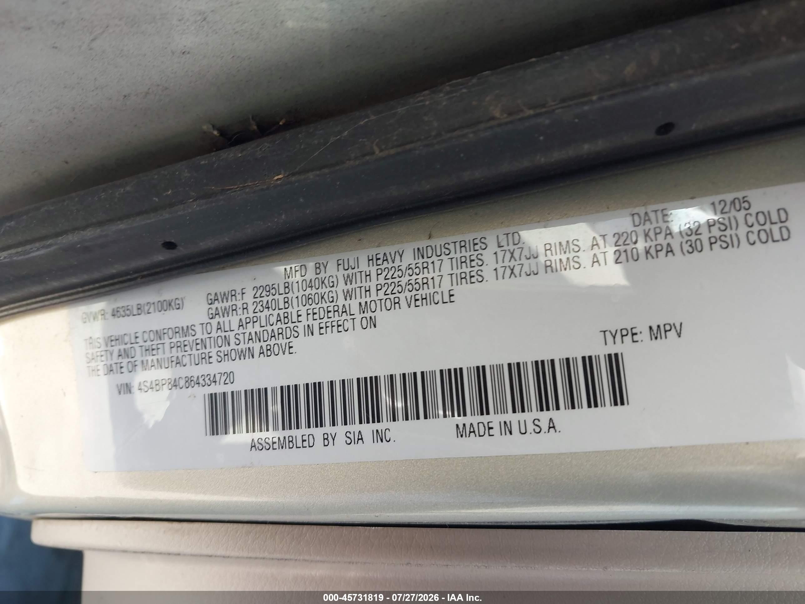 2006 Subaru Outback 3.0r Серебряный vin: 4S4BP84C864334720