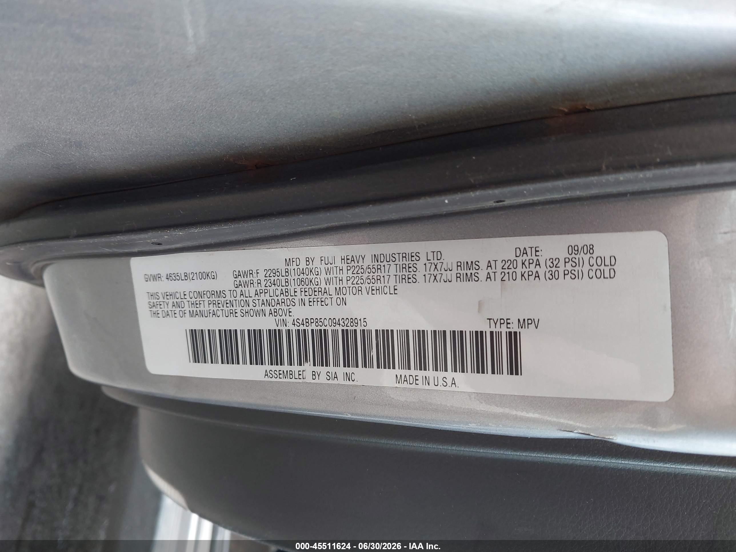 2009 Subaru Outback 3.0r Limited Silver vin: 4S4BP85C094328915