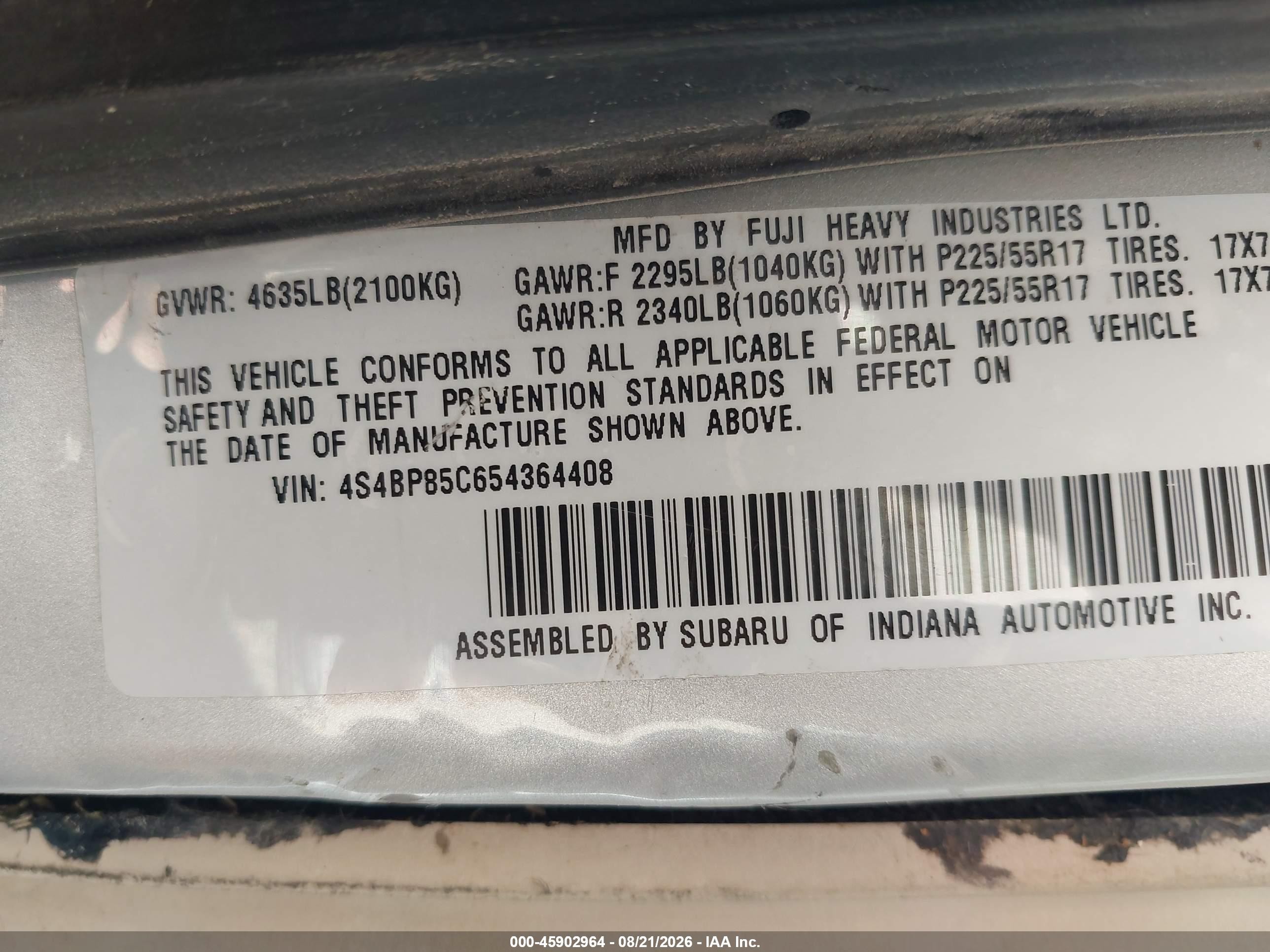 2005 Subaru Legacy Outback H6 R Vdc Silver vin: 4S4BP85C654364408