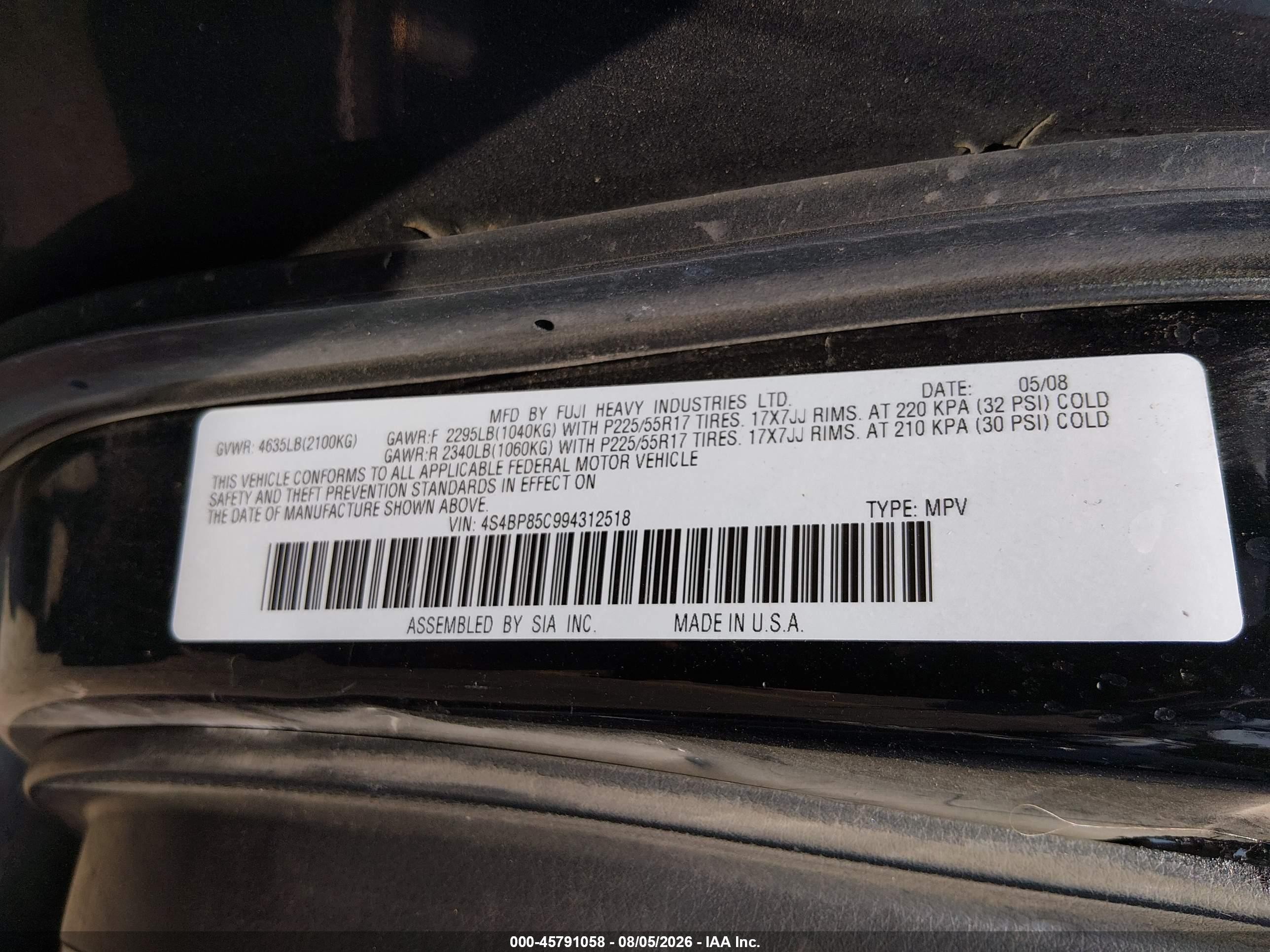 2009 Subaru Outback 3.0r Limited Black vin: 4S4BP85C994312518