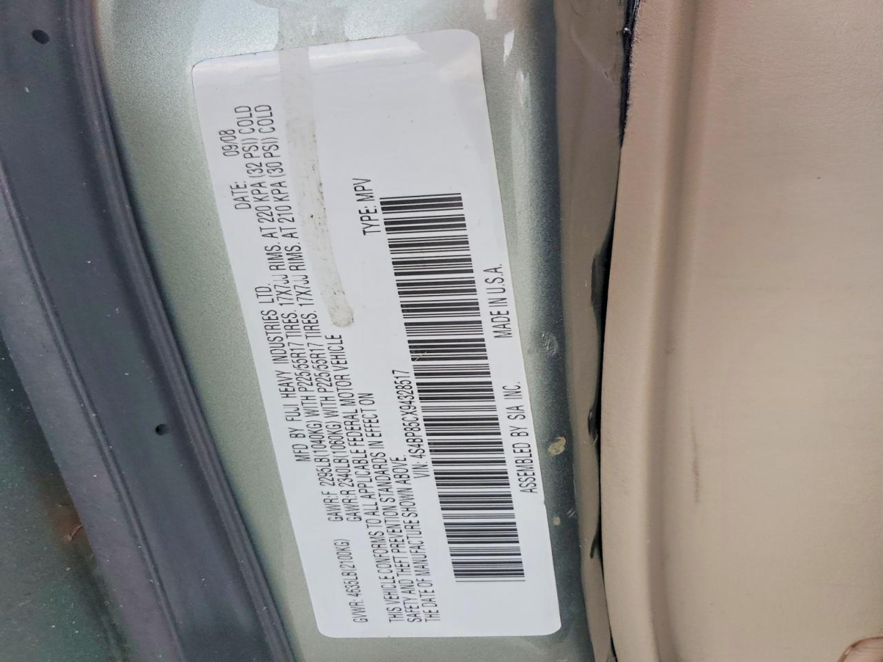 2009 Subaru Outback 3.0r Green vin: 4S4BP85CX94328517