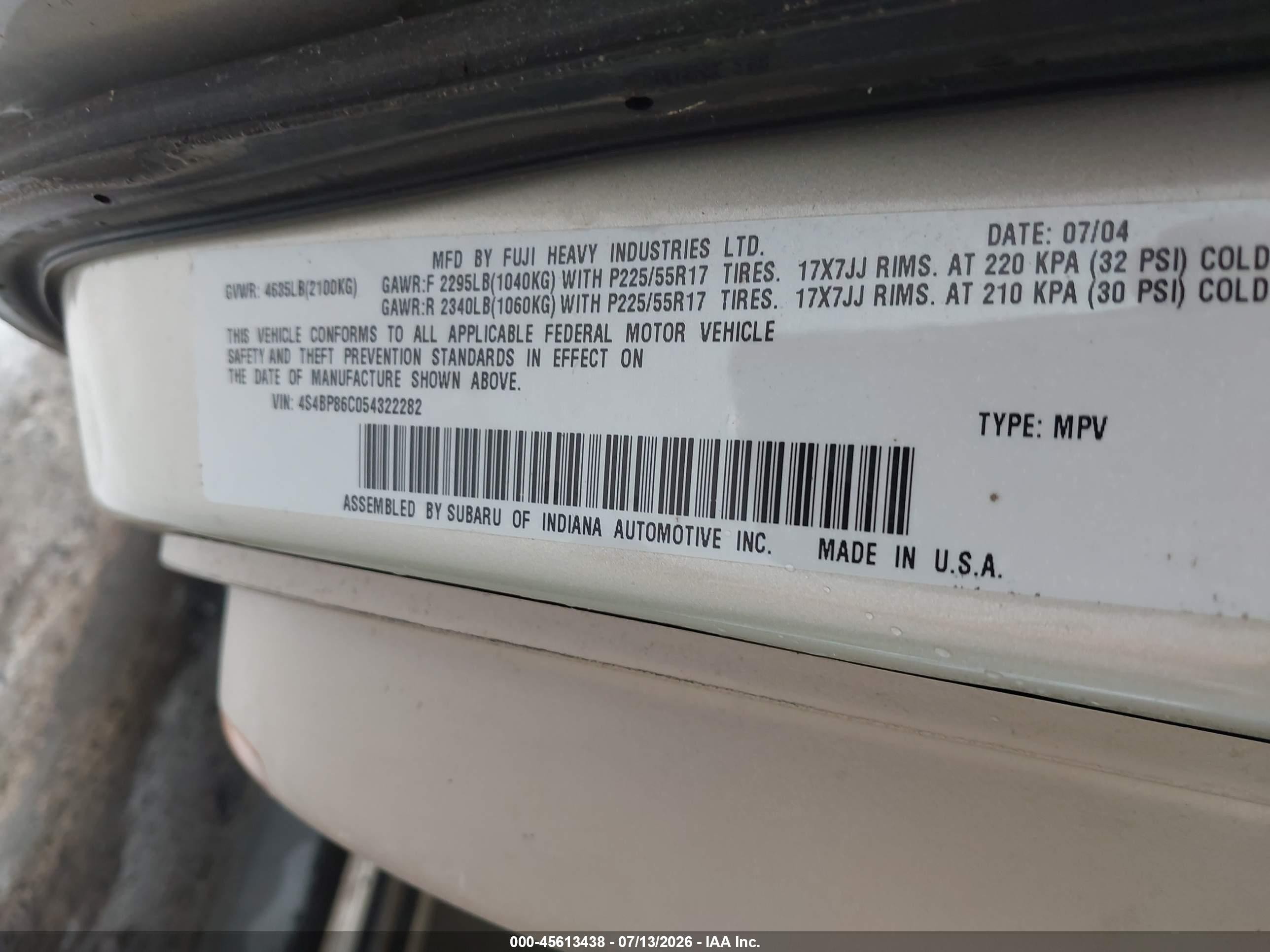 2005 Subaru Outback 3.0r L.l. Bean Edition Gold vin: 4S4BP86C054322282