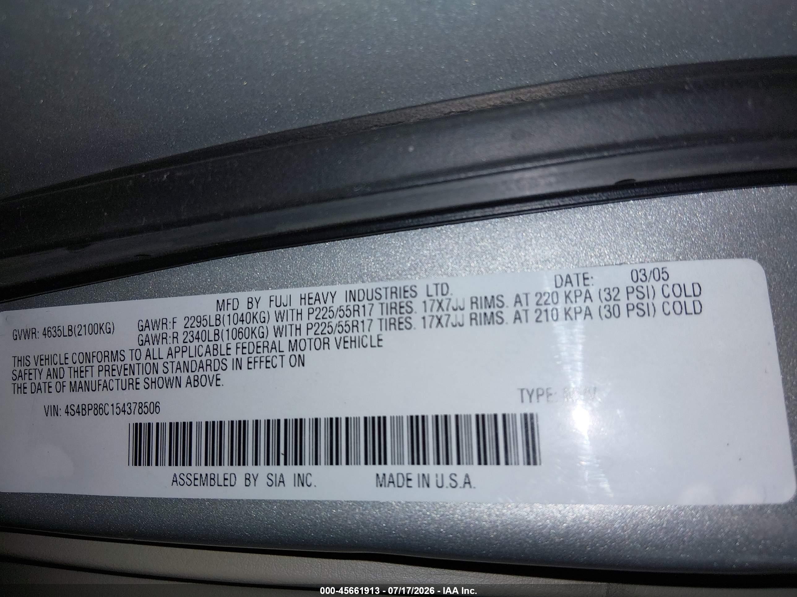 2005 Subaru Outback 3.0r L.l. Bean Edition Beige vin: 4S4BP86C154378506