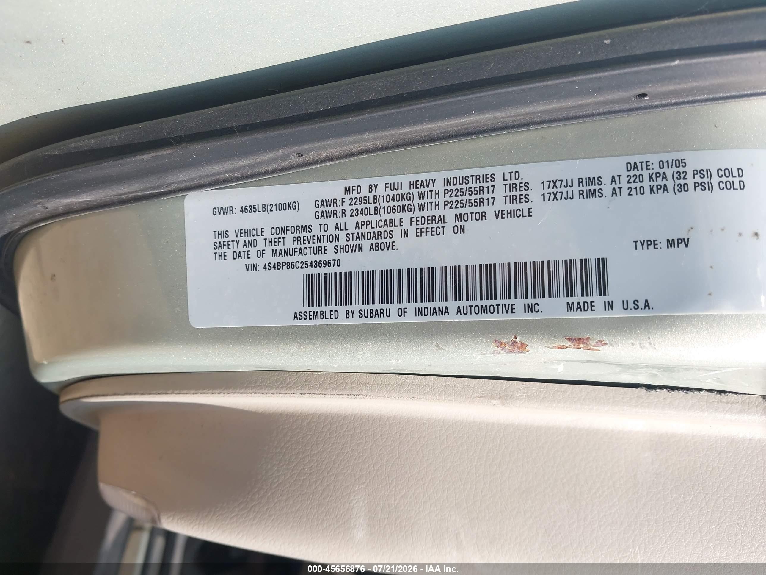 2005 Subaru Outback 3.0r L.l. Bean Edition Light Blue vin: 4S4BP86C254369670